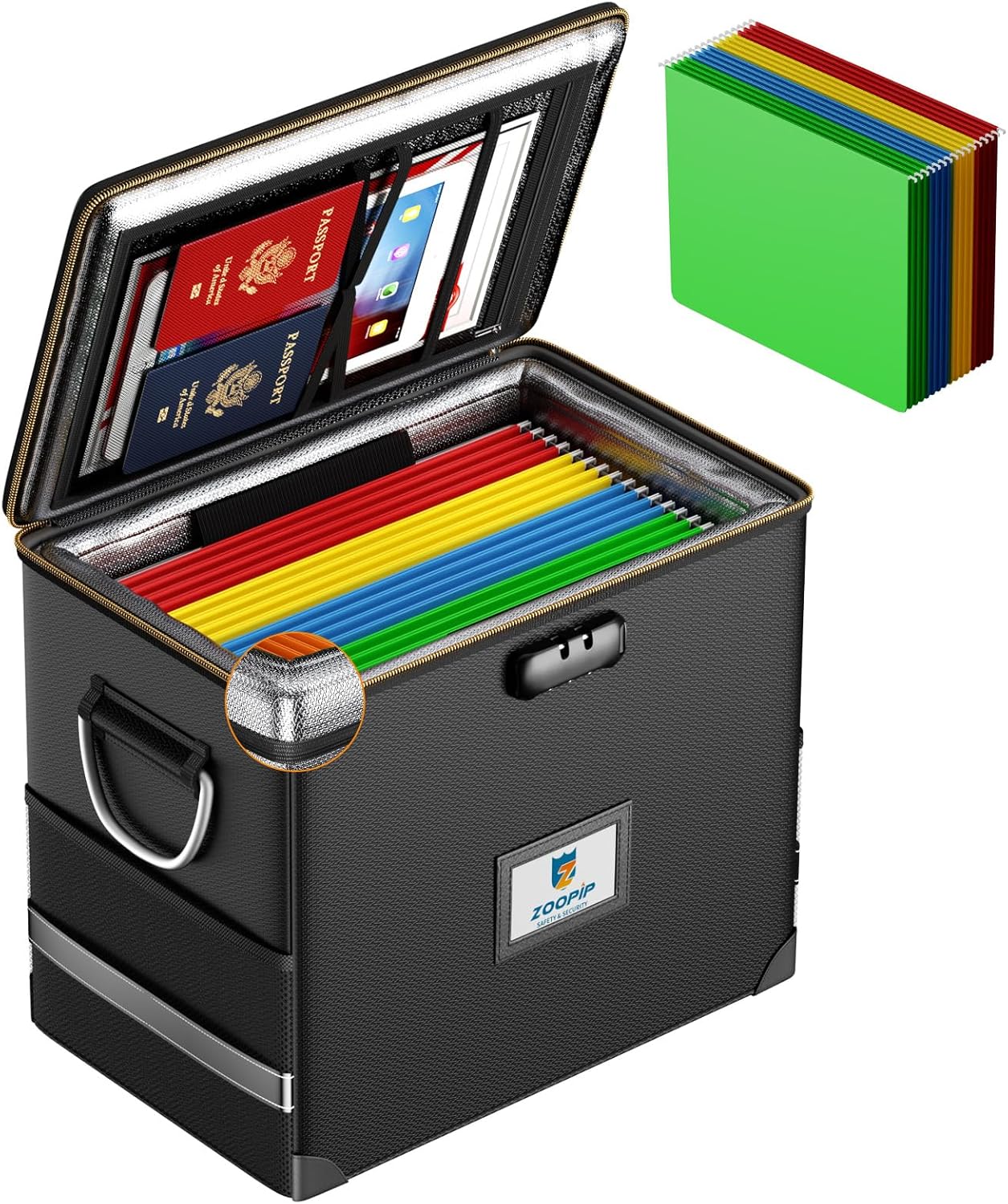 File Organizer with Lock,Fireproof Document Box,Hard Safe Box Includes 10 Hanging File Folders for Letter Size,Filing Cabinet with Fireproof Zipper,0.58 Cubic Feet