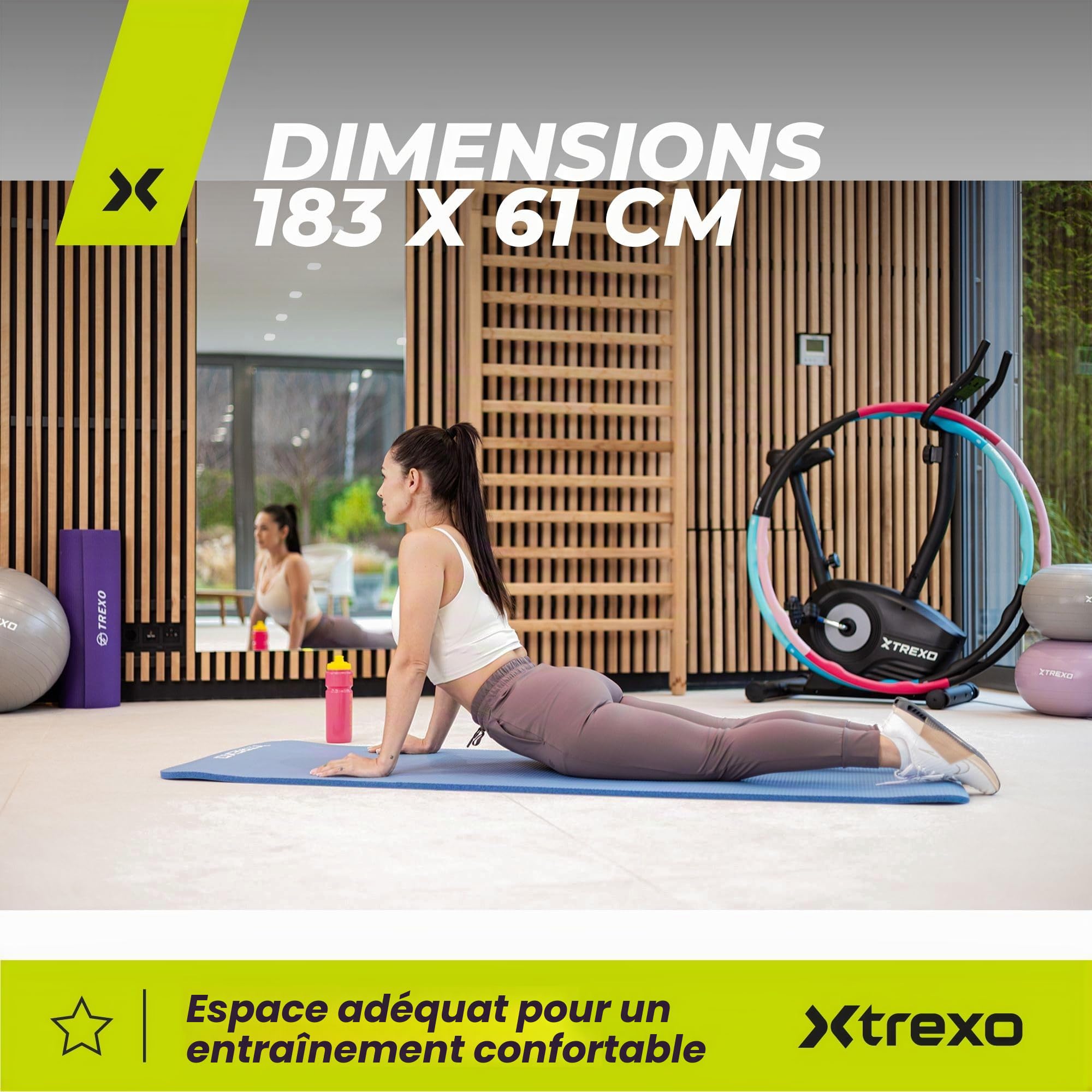 TREXO Tapis d'Exercice en NBR 183 x 61 cm Matériau Exceptionnellement Durable et Flexible 15 mm d'Épaisseur avec Structure Antidérapante dans l'Ensemble avec Sangle pour Porter