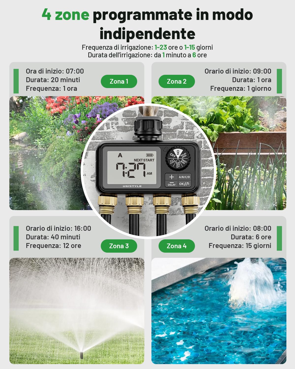 Unistyle Computer per irrigazione a 4 uscite, con timer automatico per l’irrigazione, ingresso in ottone integrato, per giardino, prati (versione in lingua italiana non garantita)