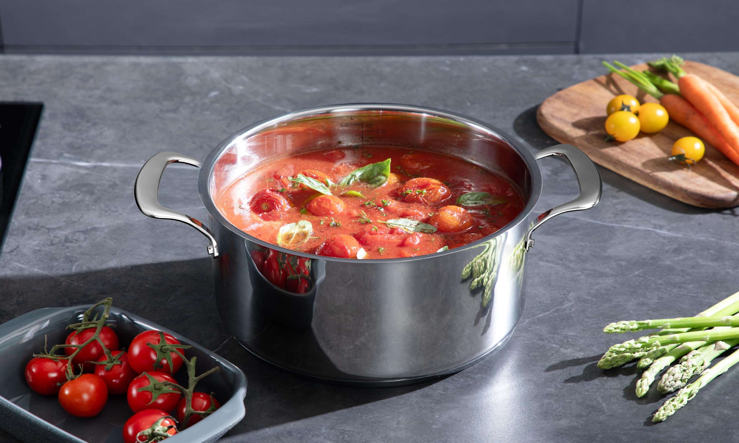 Olla de acero inoxidable SANFELA de 8 l/24 cm con tapa de cristal, utensilios de cocina de acero inoxidable de 5 capas, compatible con inducción