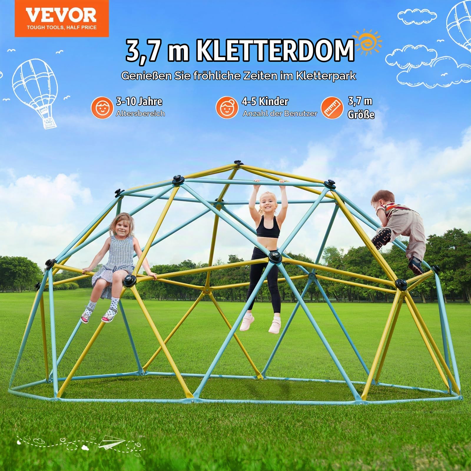 VEVOR Kletterkuppel, 3,66 m geometrisches Kuppel-Kletterspielzentrum für Kinder von 3 bis 10 Jahren, Klettergerüst 340 kg Tragfähigkeit, mit Klettergriff, Outdoor-Spielgerät Garten Hinterhof