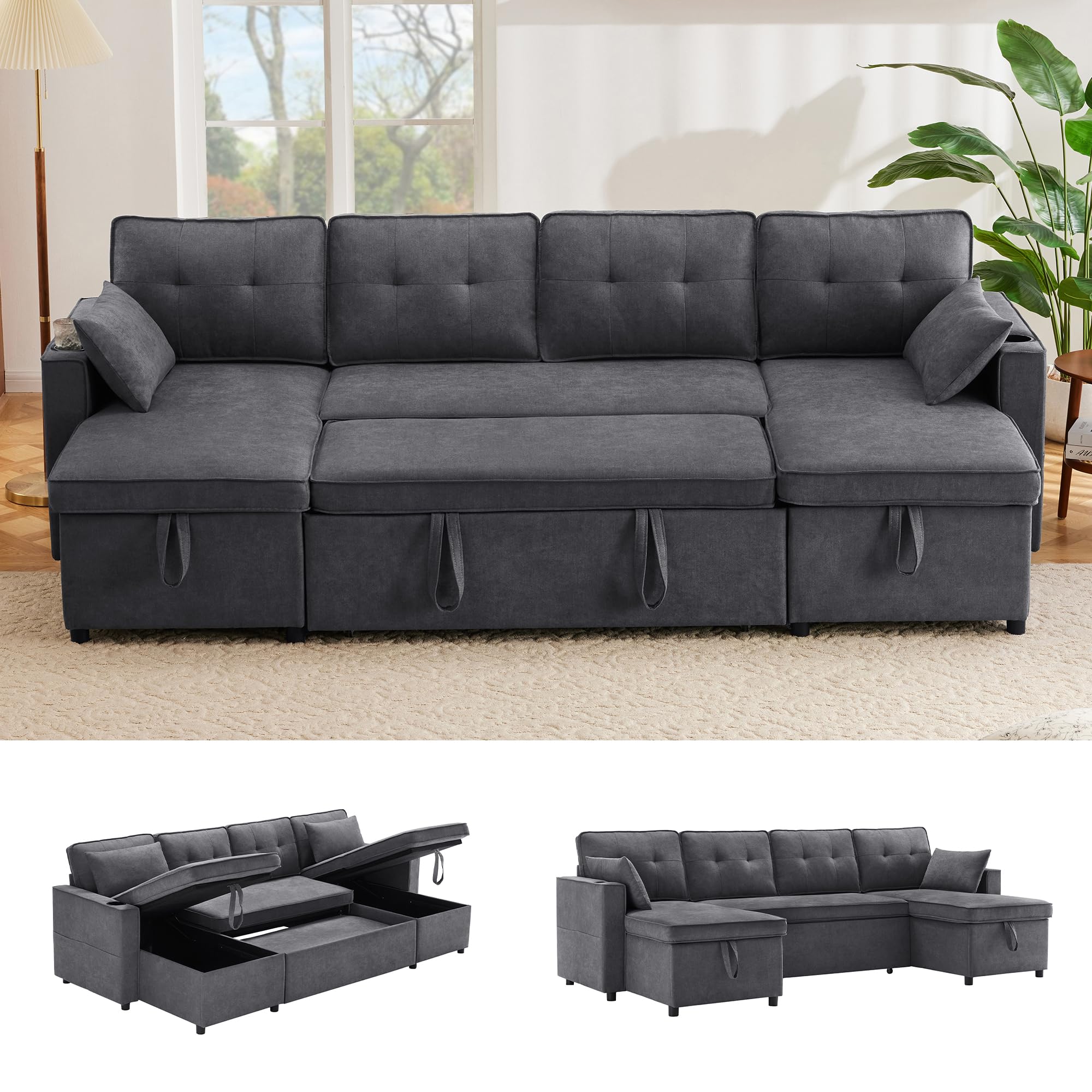 Zepneiy Canapé Convertible 4 Places en U avec Porte-Gobelets, Canapé d'angle Convertible avec Rangement et 2 Coussins, Canapé Lit avec Accoudoirs Canap 4 Places Multifonctionnel au Salon Appt, Gris