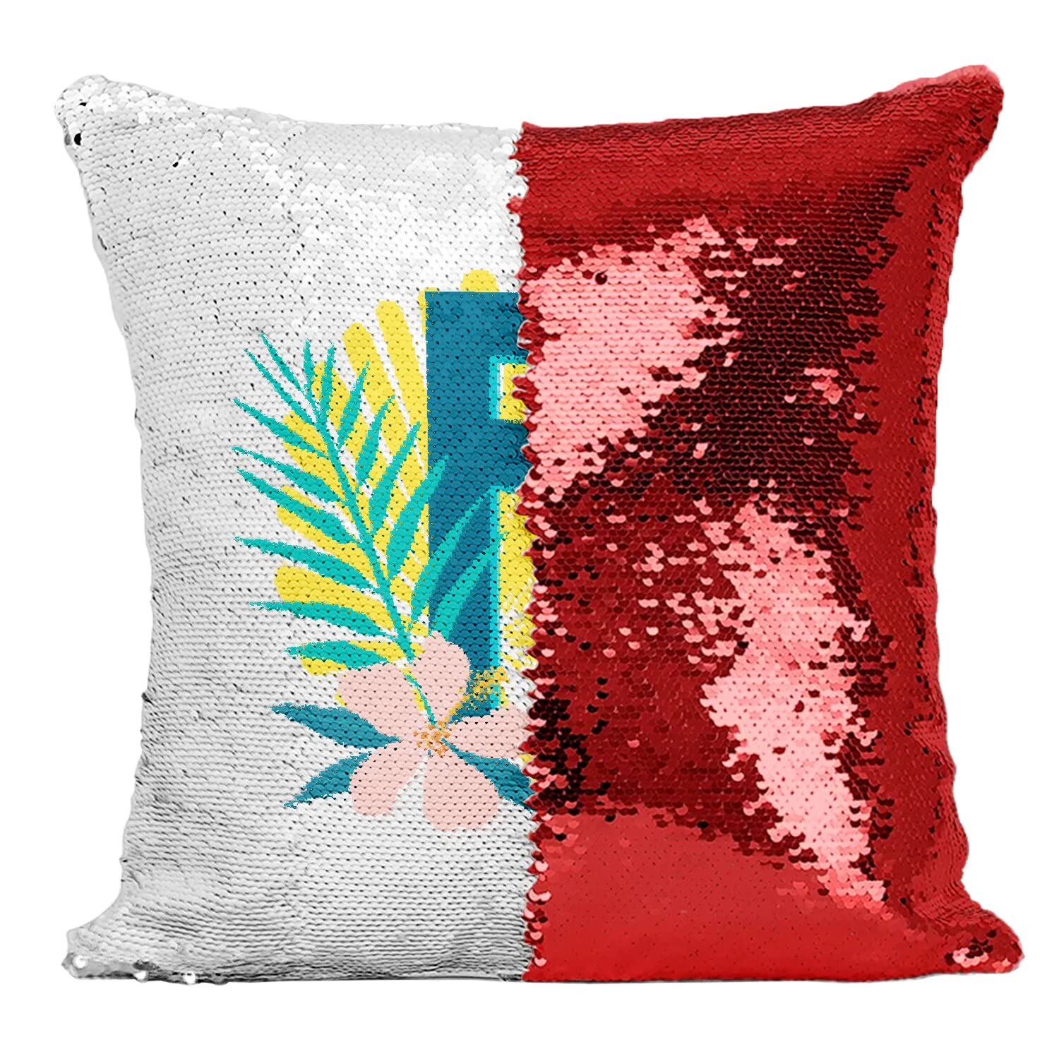 Coussin sequin rouge avec lettre R Rachel et motif fleurs tropicales