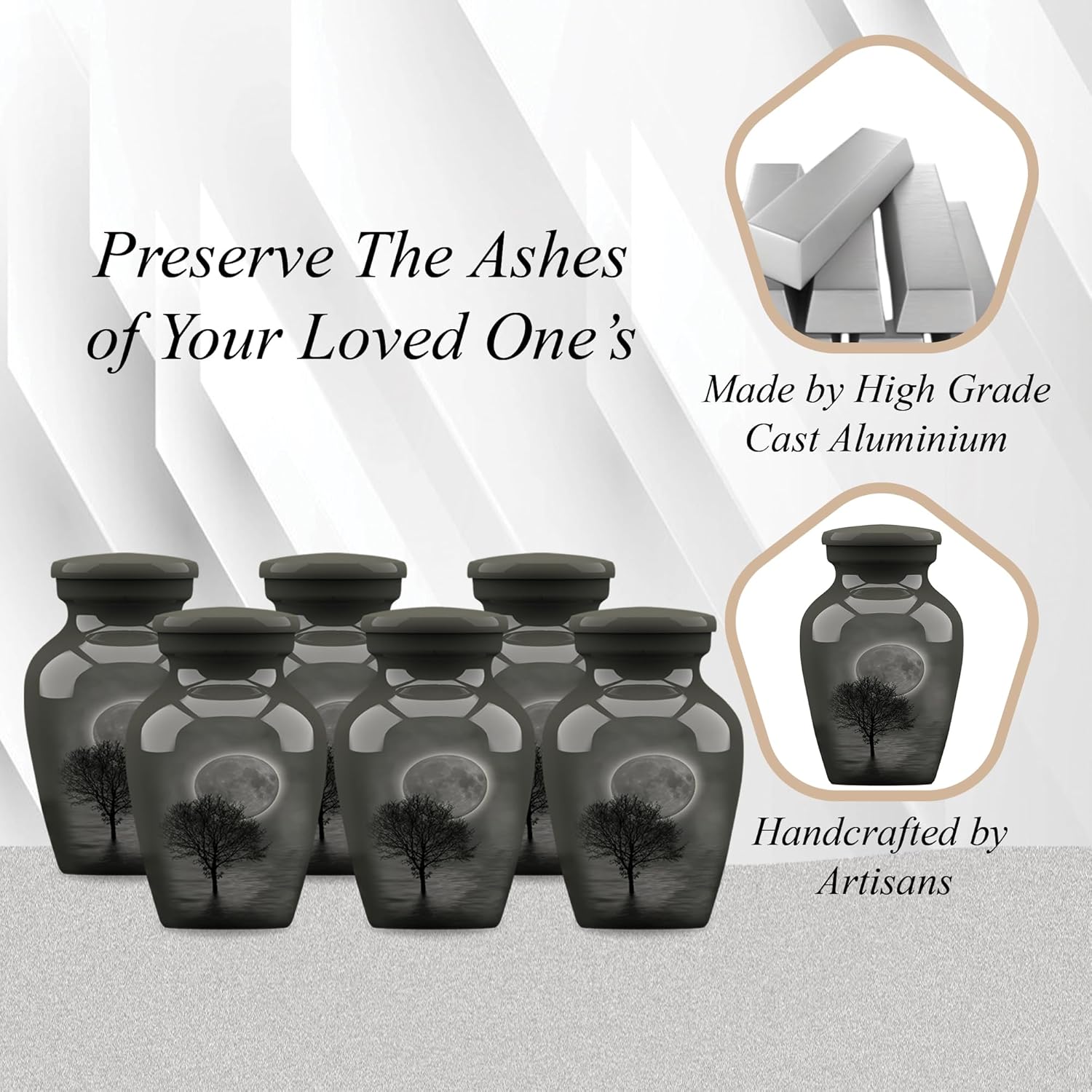 Forever URNS Adult Cremation Funeral Customized Urn with Printed Moon Night Tree Theme for Human Ashes of Female & Male | Black | Handcrafted with Velvet Protection Bag (Keepsake Set of 6)