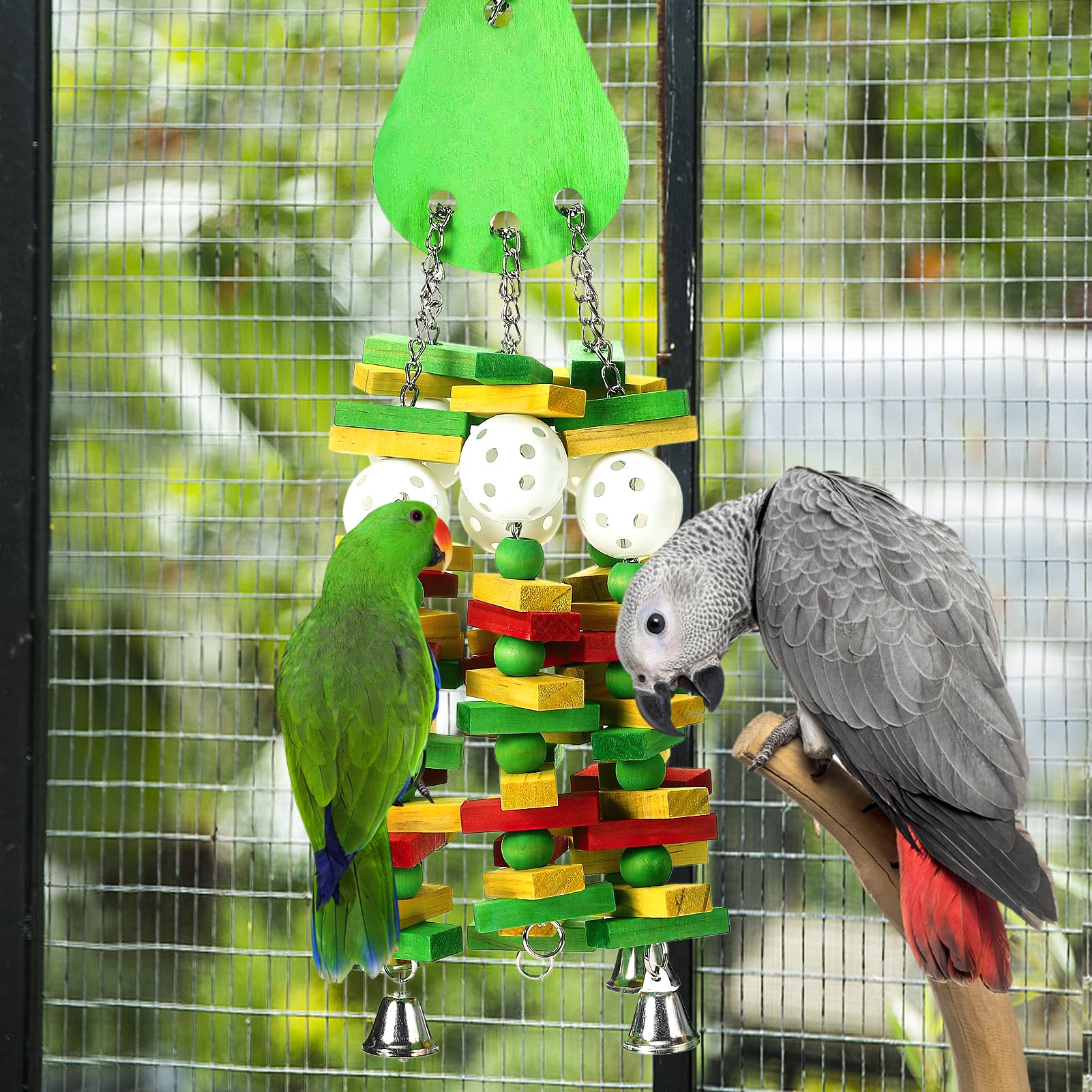 Großes Vogelspielzeug, Papageienspielzeug, Geschenk für Aras, Graupapageien, Kauspielzeug für große Vögel mit bunten Holzblöcken, Perlen und knackigen Glocken (Avocado-Stil)
