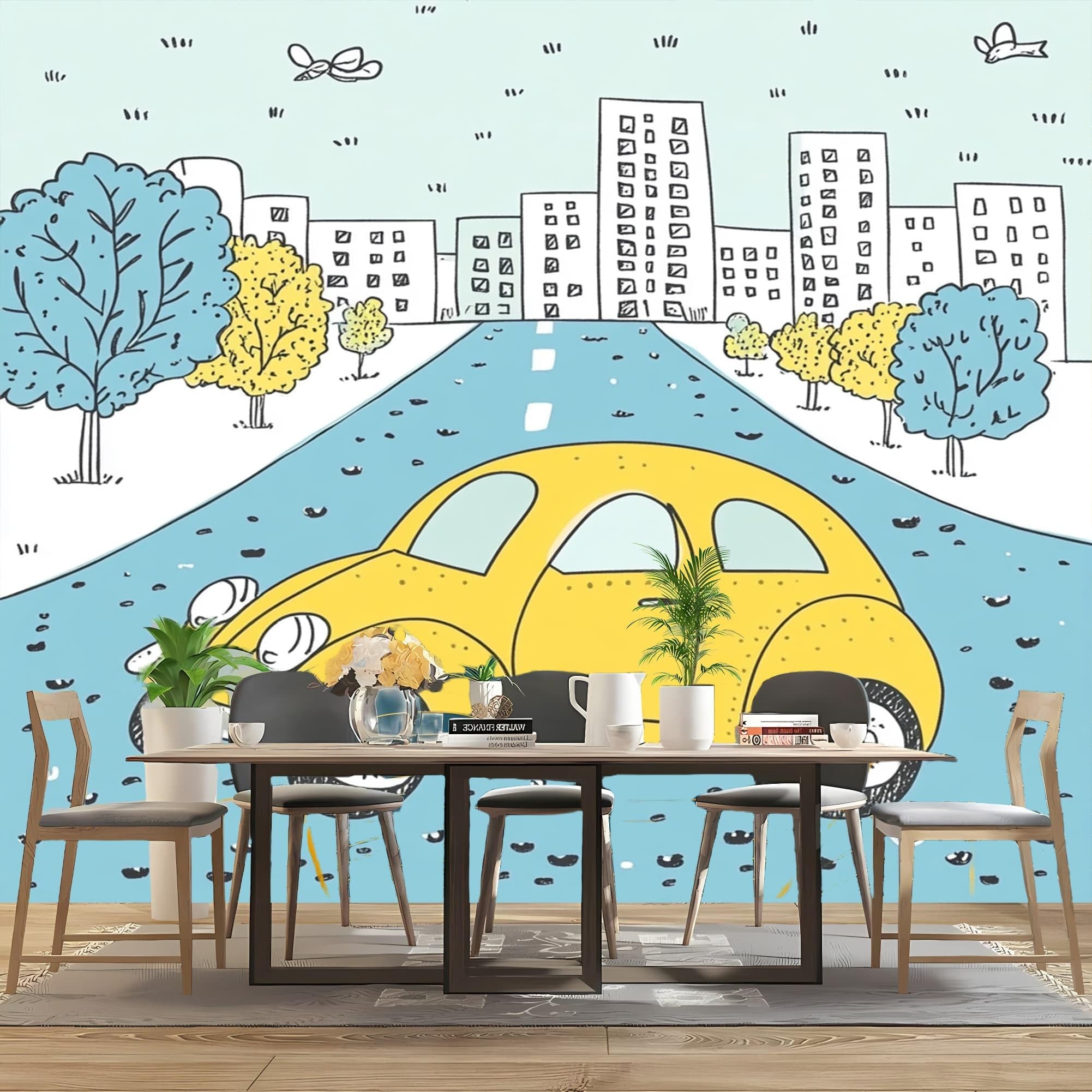 Mural 400 x 280 cm kreskówka samochód miejski włóknina modna fototapeta plakat jasny kolor tapeta dekoracja ścienna salon sypialnia nowoczesny design