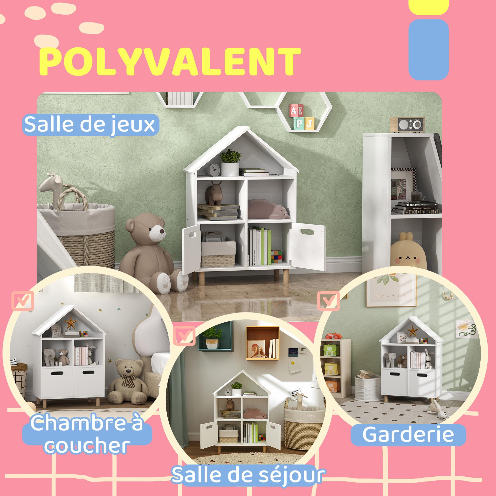 AIYAPLAY Bibliothèque Enfants 3 Niveaux 2 Tiroirs 63,7x29,7x89,5 cm Blanc | Meuble de Rangement, Forme Maison, pour Chambre à Coucher Et Chambres d'Enfants