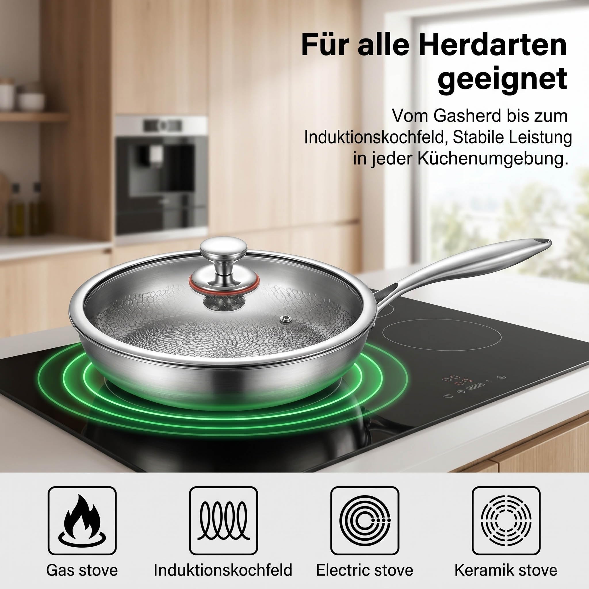 Titan Pfanne 28 cm mit Deckel, Unbeschichtete Titan Bratpfanne mit Gehämmertem Design, Kratzfeste Physikalische Antihaft-Struktur, Frei von PFAS-, PFOA- und PTFE-, Für Induktion & Alle Herdarten