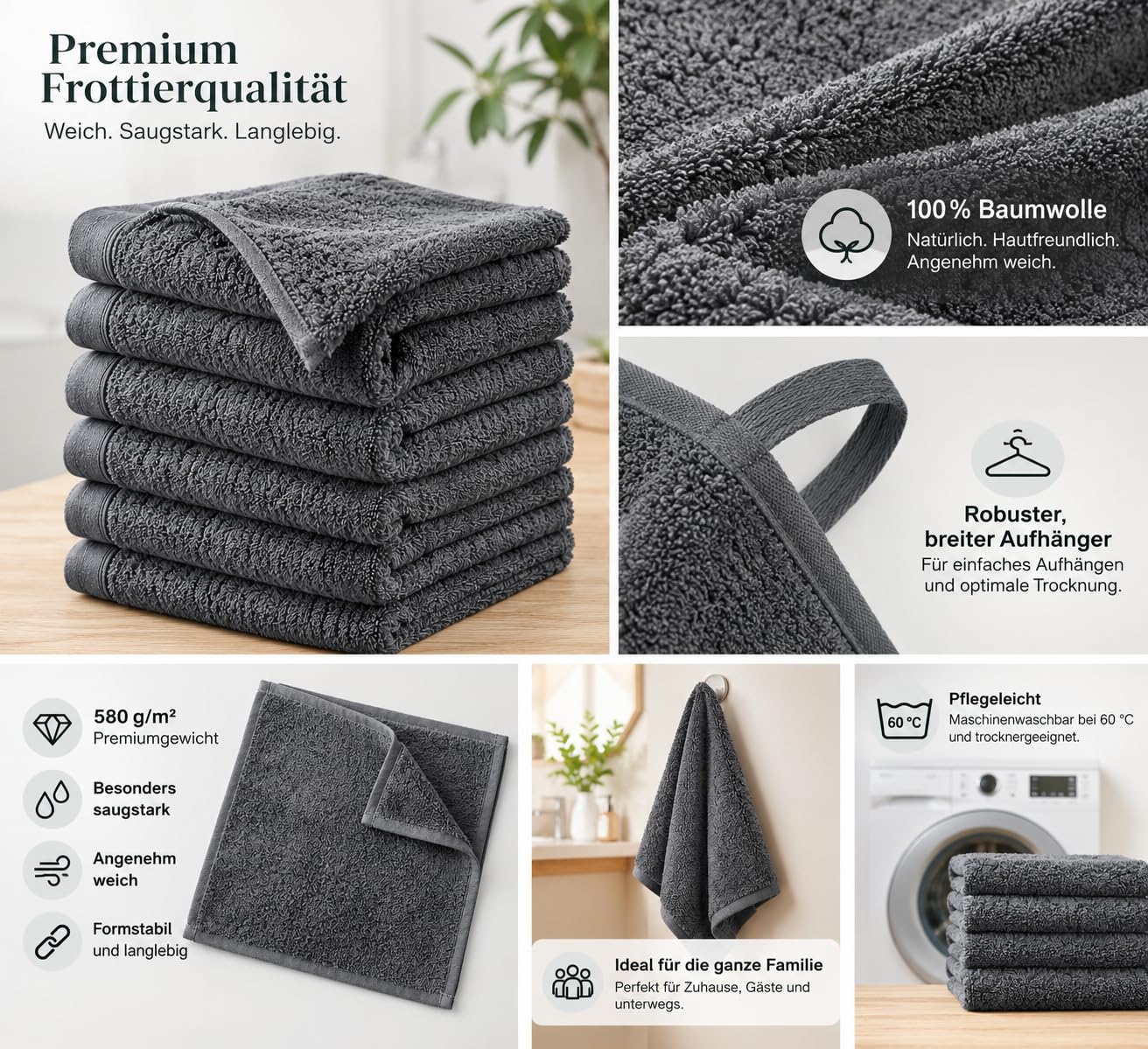 Set di asciugamani di alta qualità (confezione da 6) antracite, 100 x 50 cm, 100% cotone, 580 g/m², certificato Oeko-TEX®, prodotto in Portogallo