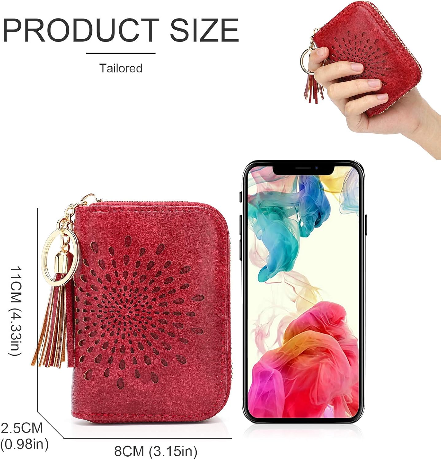 APHISON RFID Credit Card Holder Zipper Card Case Keychain Small Wallet for Women 1927 RED - Image 5