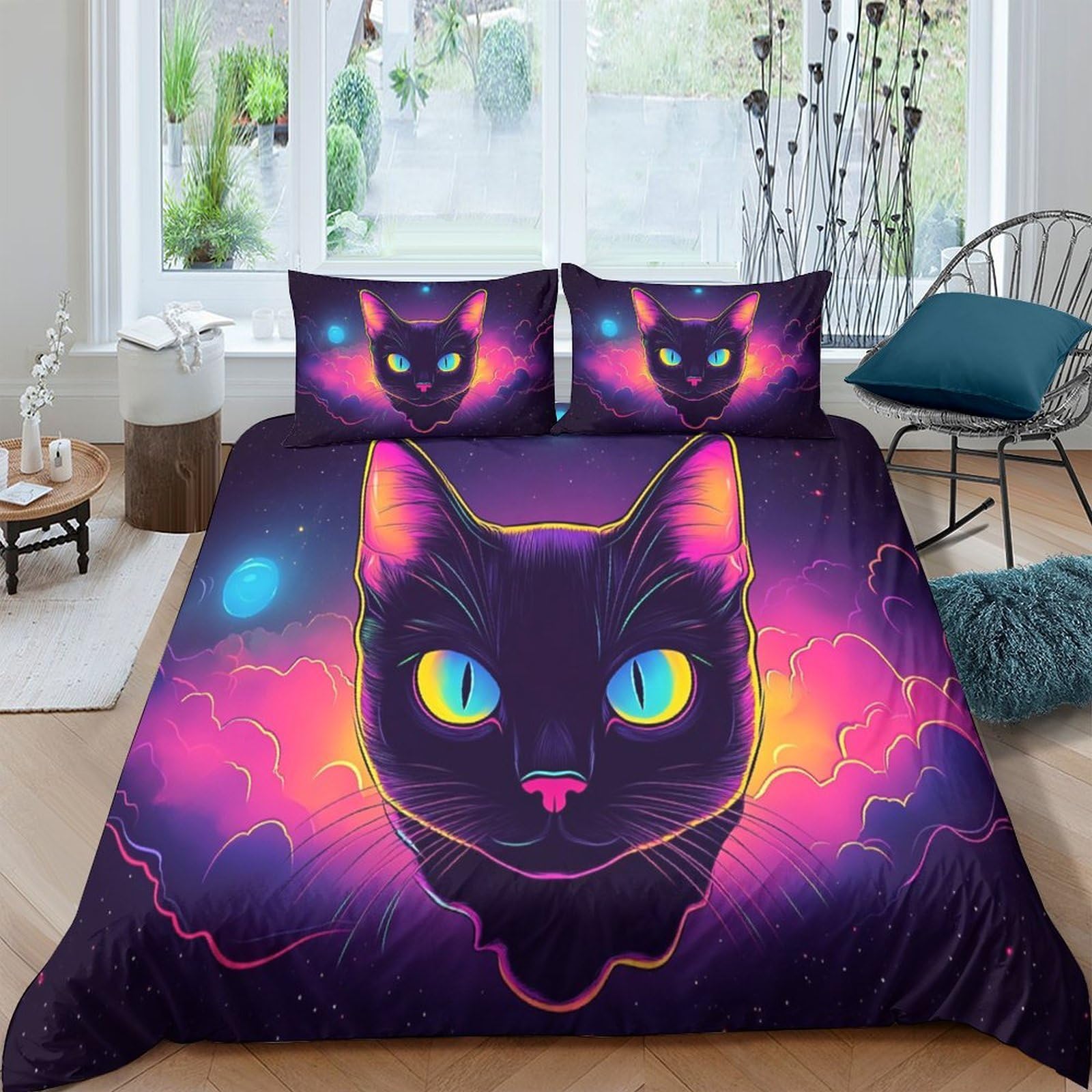 Ctjqhvkz Style-4 3D Printed Neon Cat Fitted Sheet Microfiber Soft Blacklight Galaxy Mattress Cover For Bedroom Dorm Decor Single（135X200cm）