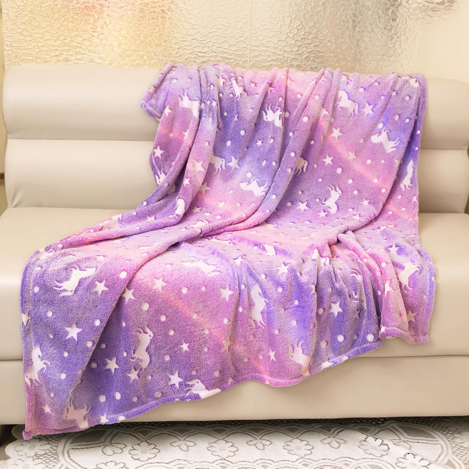 Unicorn Blanket for Girls, Glow in The Dark Blankets for Kids, 50" x 60" Rainbow Throw Blanket Soft Fleece Luminous Toddler Blanket Birthday Gifts for Age 2 3 4 5 6 7 8 9 10 11 12 Year Old, Purple - Image 4