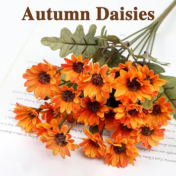 5 Bundles Artificial Mums for Outdoors, Artificial Sunset Mums, UV Resistant No Fade for Outside Porch Garden Pots Planters Autumn Fall Decor