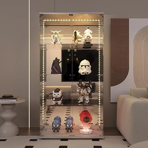 Miniatura 82 de Vitrina de cristal con 4 estantes con tira de luces LED y cerradura, vitrina de vitrina con ruedas y 1 puerta, vitrina de vidrio templado para sala