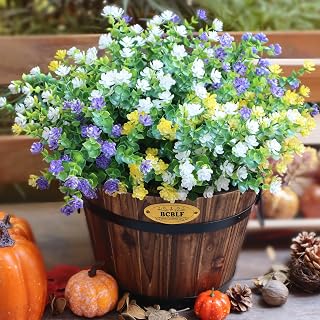 UV Resistant Artificial Flowers for Indoor and Outdoor Use, 12 Bundles Not-Fading Faux Plants for Porch, Patio, Garden, and Home Decoration - Yellow Purple White