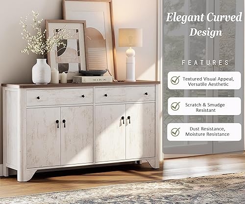 Miniatura 5 de WAMPAT Armario buffet con 4 puertas y 2 cajones, armario de 59 pulgadas de ancho con almacenamiento, armarios de almacenamiento de cocina de madera,