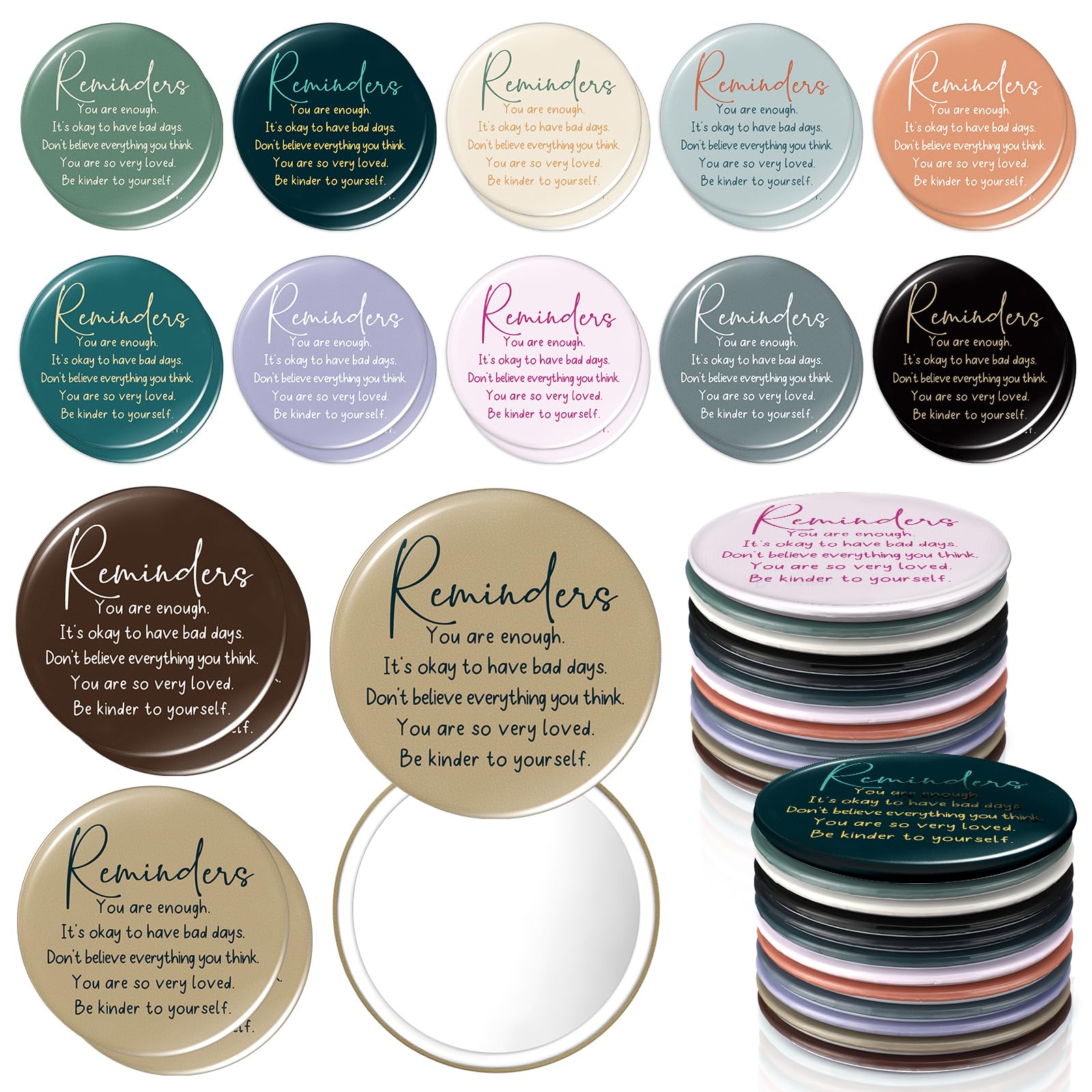 DoubleFill 24 Pcs Mental Health Awareness Gifts Bulk Therapists Colored Compact Pocket Mirrors Positive Affirmation Gifts for Women Ladies Teacher
