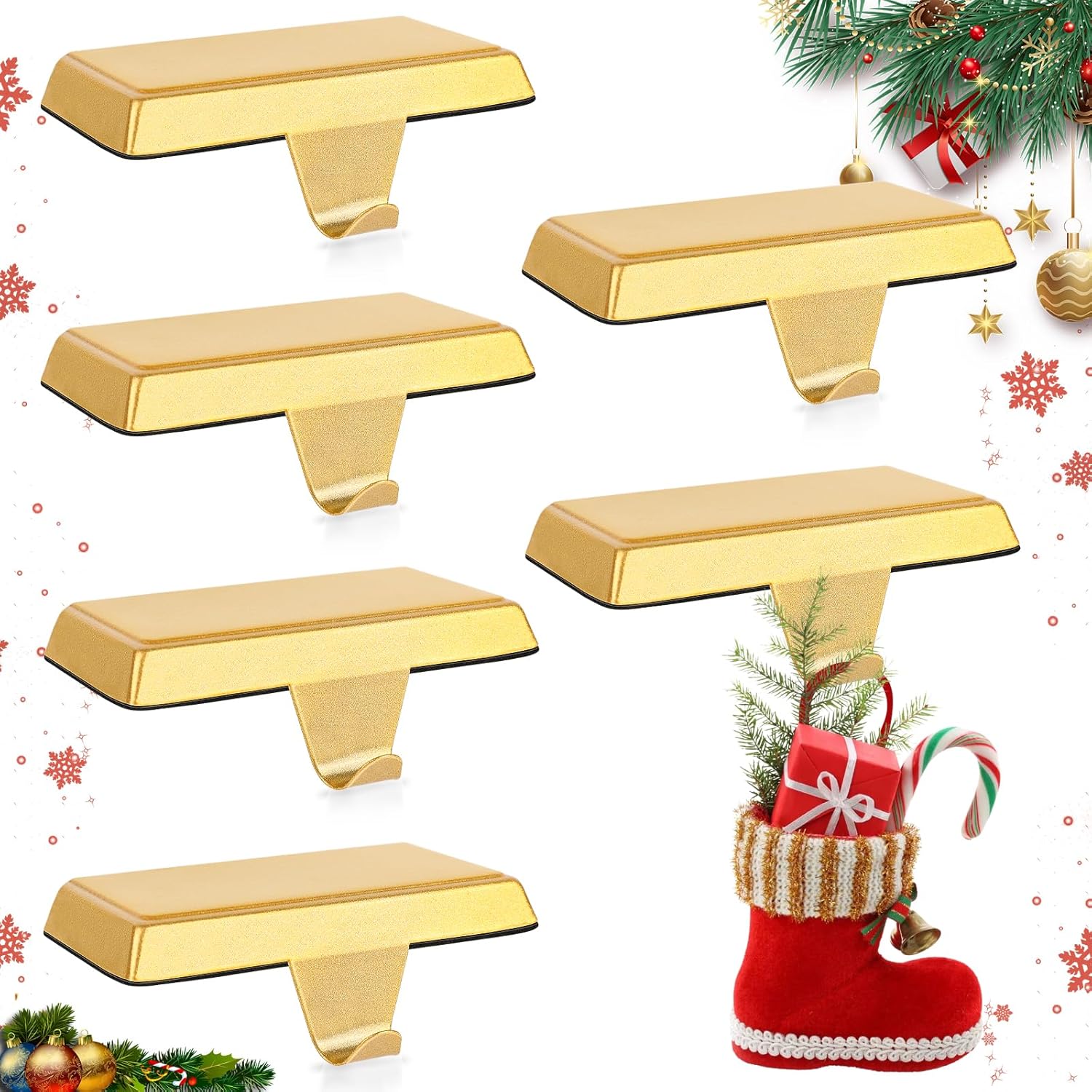 6 Pack Metal Christmas Stocking Holders for Mantle Heavy Duty Stocking Hangers Stocking Hook Christmas Ornaments for Counter Tables Window Fireplace Mantle Decoration (Gold) 6 6 Pack Gold