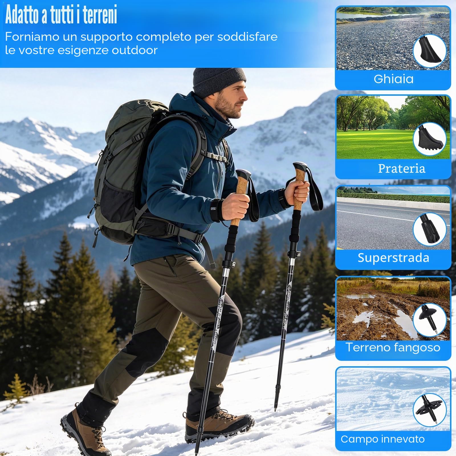 2 PCS Bastoni da Trekking Telescopici 110-130cm Uomo Donna, Ultra-Leggeri in Alluminio 7075, Bastoni da Passeggiata con Impugnatura in Sughero per Escursionismo, Nordic Walking e Sci Alpinismo