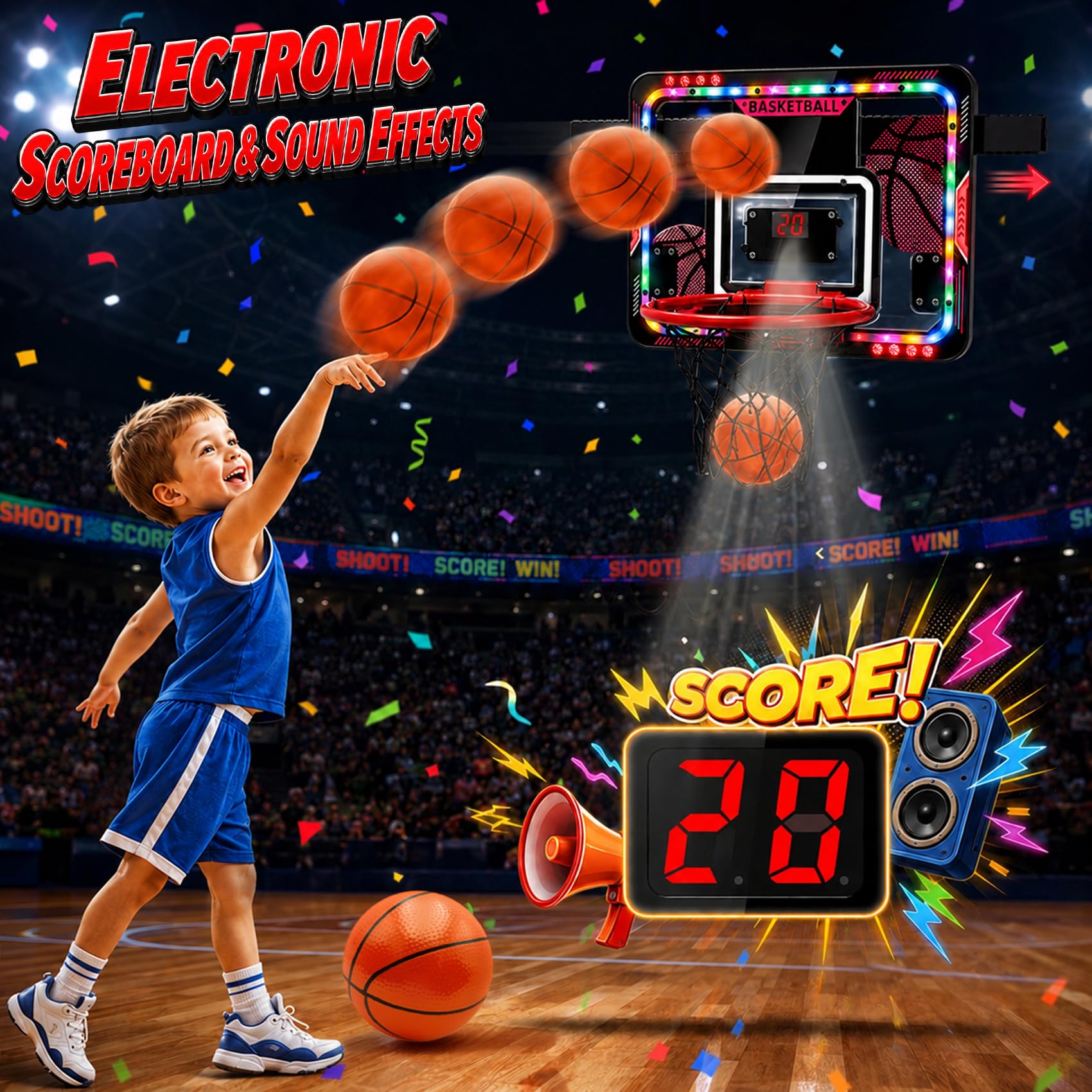 VATOS Canestro da Basket Mobile Interno per Bambini, Canestro da Basket da Porta con Luci Led/Tabellone Segnapunti/Palline, Giocattolo Basket Telecomandato, Regalo Divertente per Maschi