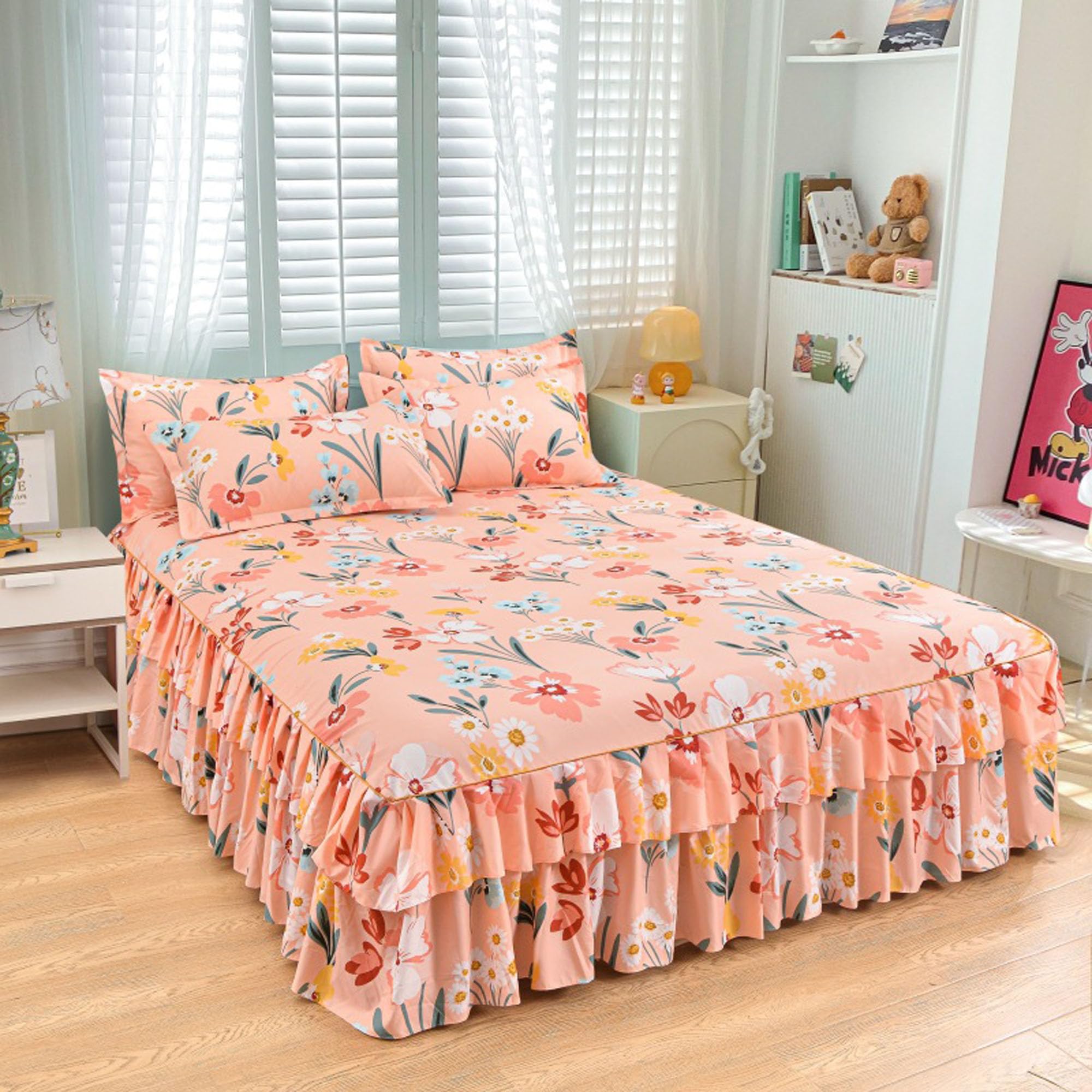 Juego de 3 Piezas Falda de Cama con Volante, Faldón de Cama, Juego de la Cama Blando Impreso, Sabana Bajera con Faldon Funda de Somier for Todas Las Estaciones