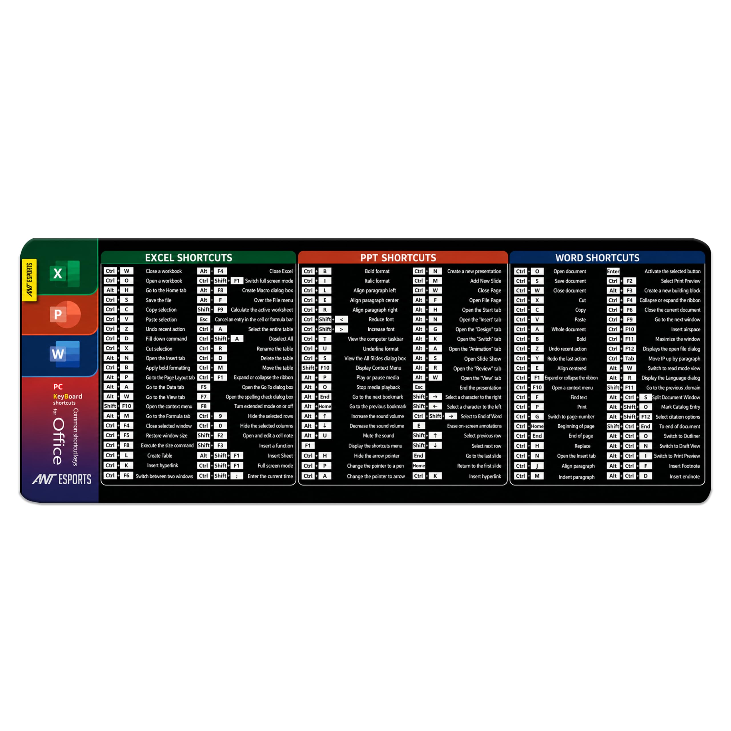 Ant Esports Microsoft Office Shortcuts Mouse Pad 300 x 800 mm Extended Desk Pad for Excel Word PowerPoint Office Desk Mat Non-Slip Rubber Base Stitched Edges-image-37