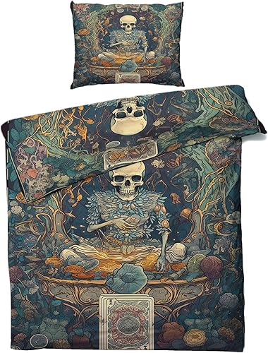 Miniatura 2 de Juego de funda de edredón Cal King  Juego de cama de calavera de bruja  Patrón de esqueleto de carta del tarot  3 piezas  Funda de edredón de