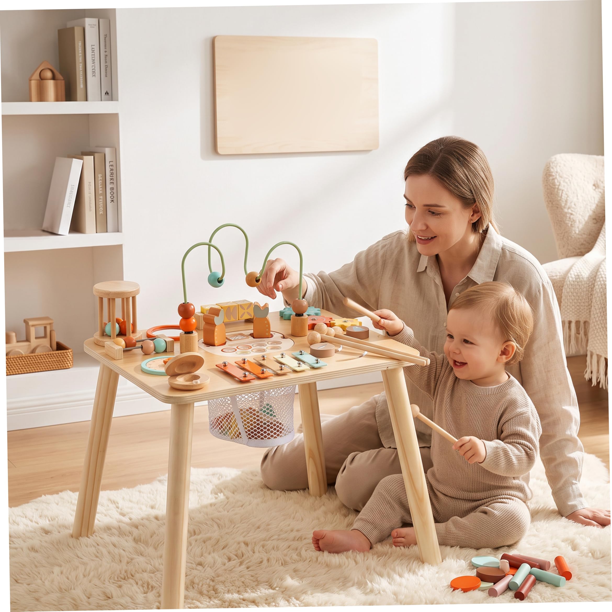 Mesa de Actividades Montessori, Laberinto de Cuentas Naturales para niños pequeños de Madera, Juego de Pesca 13 en 1, clasificador de Formas, xilófono, Primer cumpleaños.