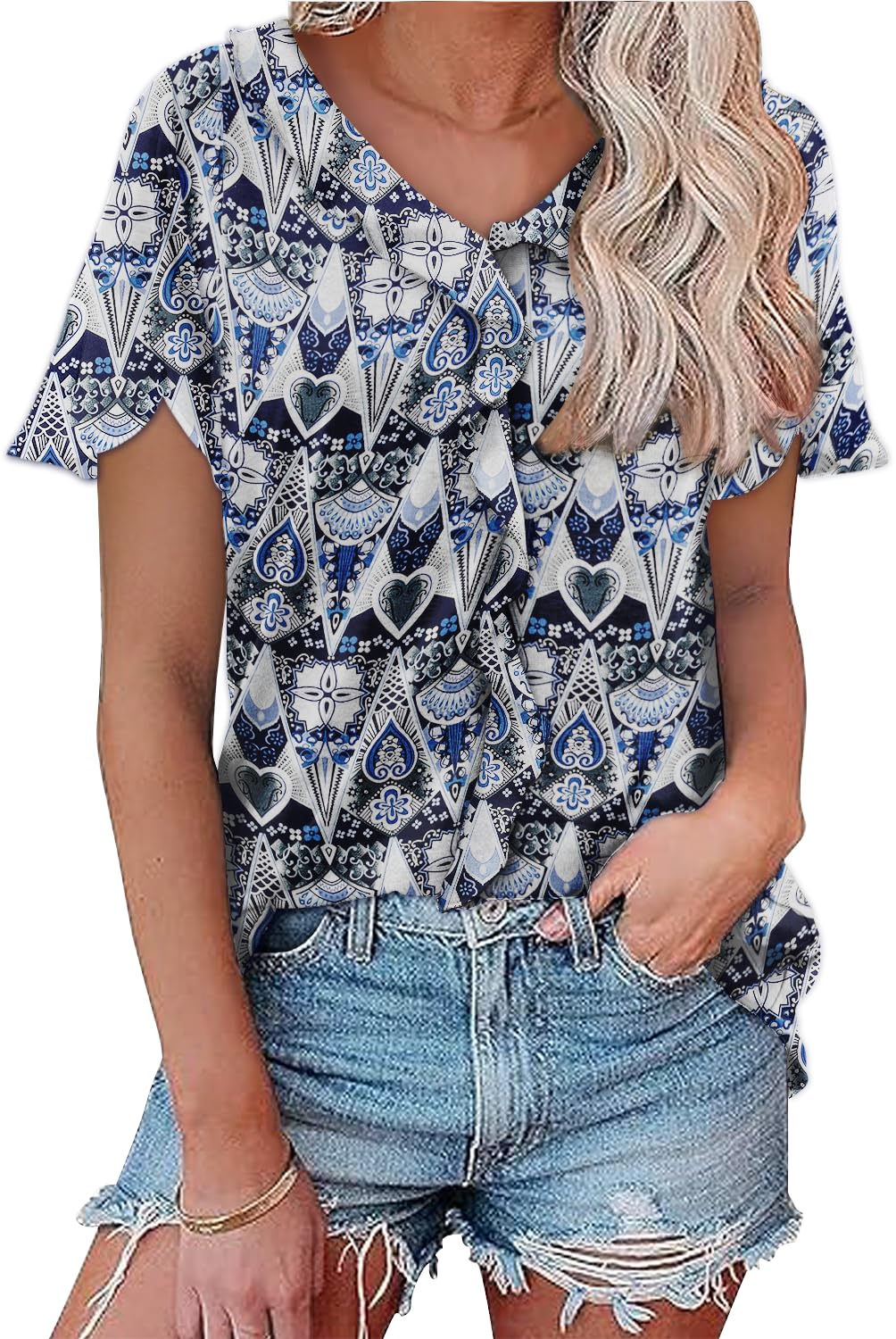 onlypuff Womens Short Sleeve Tunic Tops V Neck T-Shirt Ruffle Fashion Summer Blouse Shirts