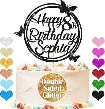 Personalized Happy Birthday Cake Toppers, Custom Cake Topper Any Name & Any Age Double Sided Glitter, for 21st 30th 40th 50th 60th 70th Birthday Cake Party Supplies Decorations Black