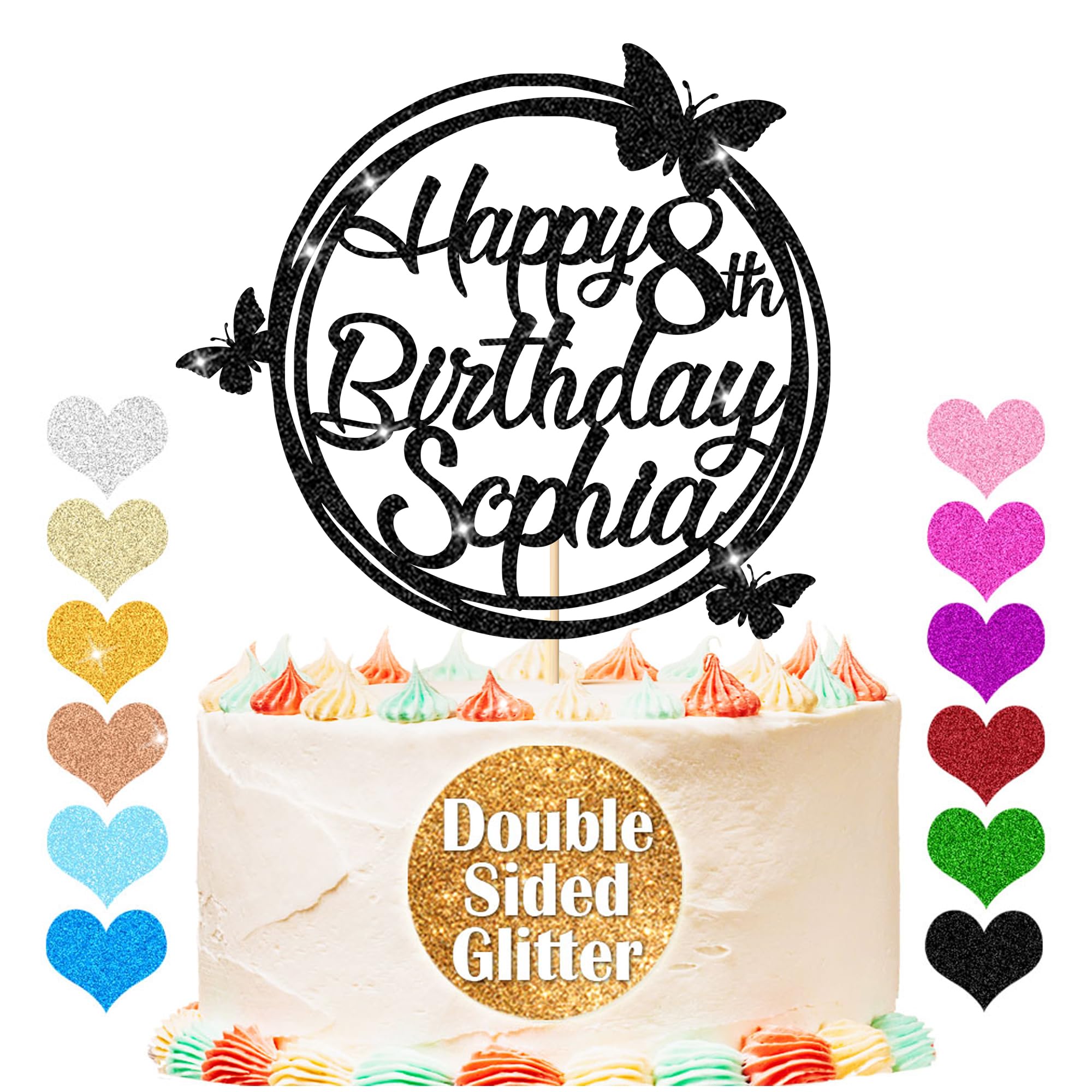 Personalised Happy Birthday Glitter Cake Topper, Custom Cake Topper Any Name & Age, Round Butterfly Cake Toppers, Birthday Party Cake Decorations for 18th 30th 40th 50th 60th 70th (Black)