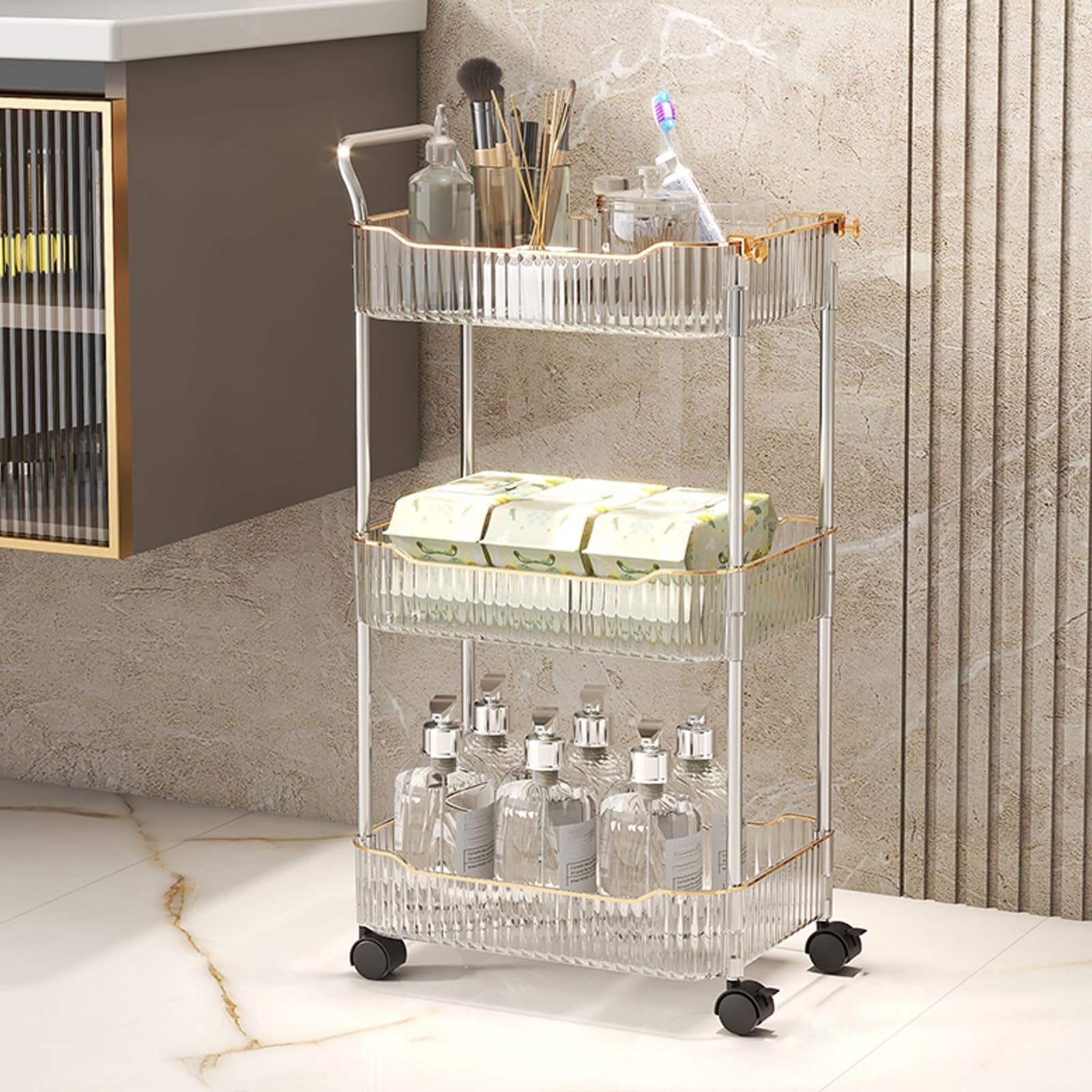 LJYKBFL Clear Acrylic Rolling Storage Cart with Lockable Wheels 3-Tier Utility Trolley for Bathroom Kitchen Living Room Office Stainless Steel Frame Handle & Drainage Holes