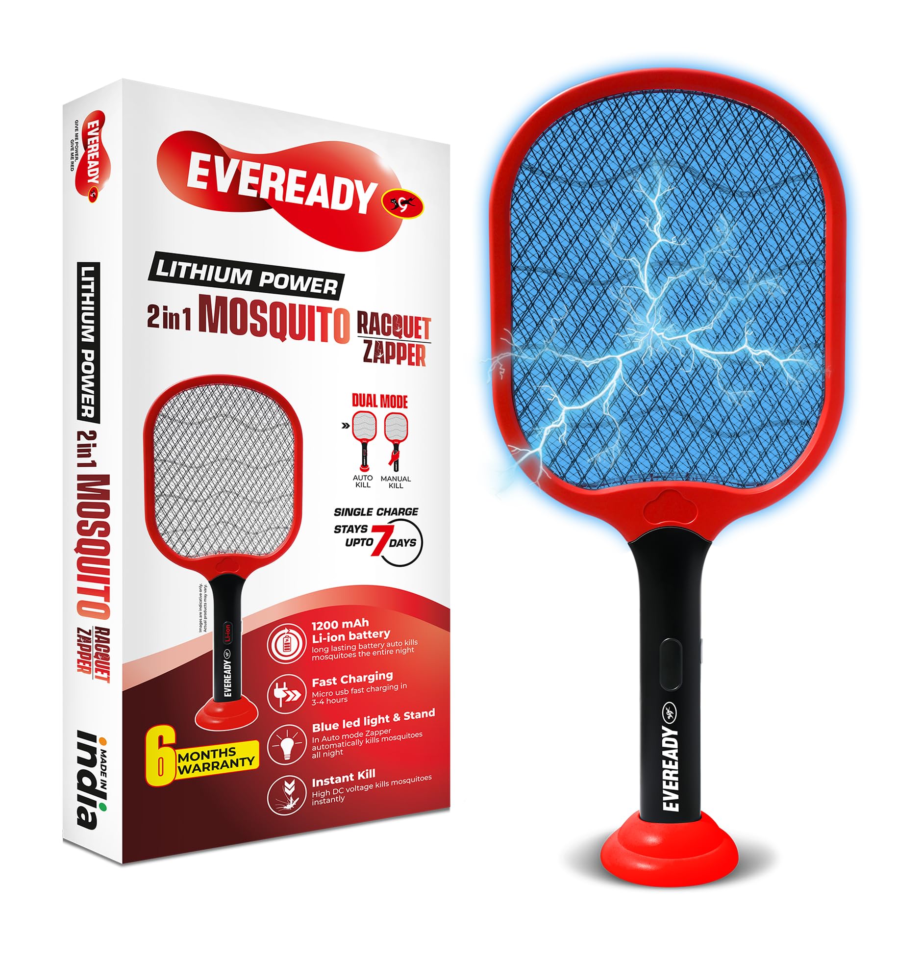 Eveready 2in1 Mosquito Racquet | Lithium Powered| 1200mAh|Fast Charging USB - C | UV LED Light and Stand | Made in India