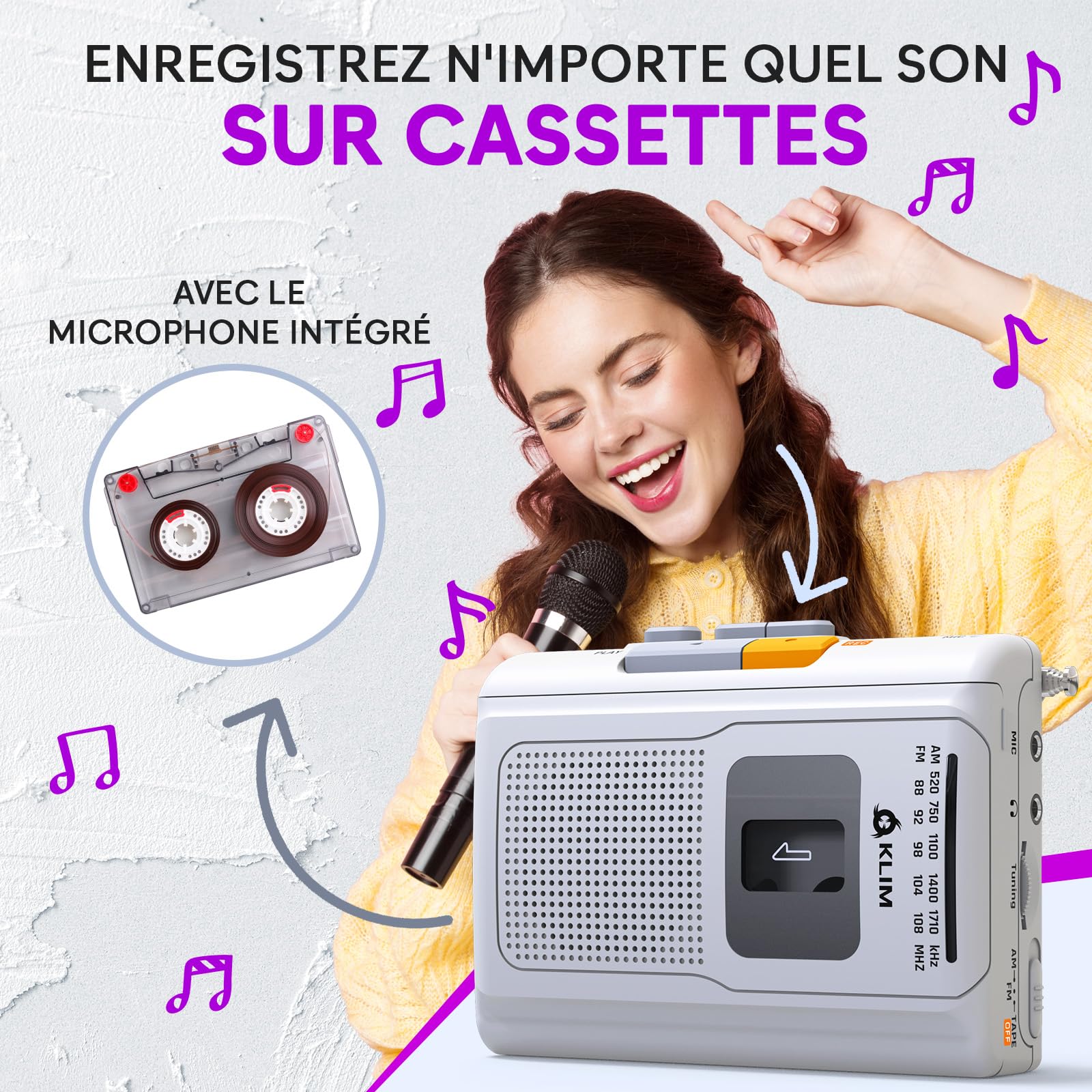 KLIM K8 Lecteur Cassette Audio - Enregistreur Cassette - Nouveau Player - Radio AM/FM - Microphone et Haut-Parleur Intégrés - Prise Casque et Écouteurs - Blanc