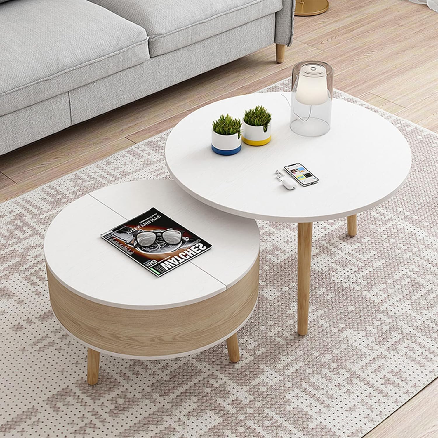 Side Table/End Table,2 Round Nesting Table Set Circle Coffee Table with Storage Open Shelf for Living Room Modern Minimalist,E
