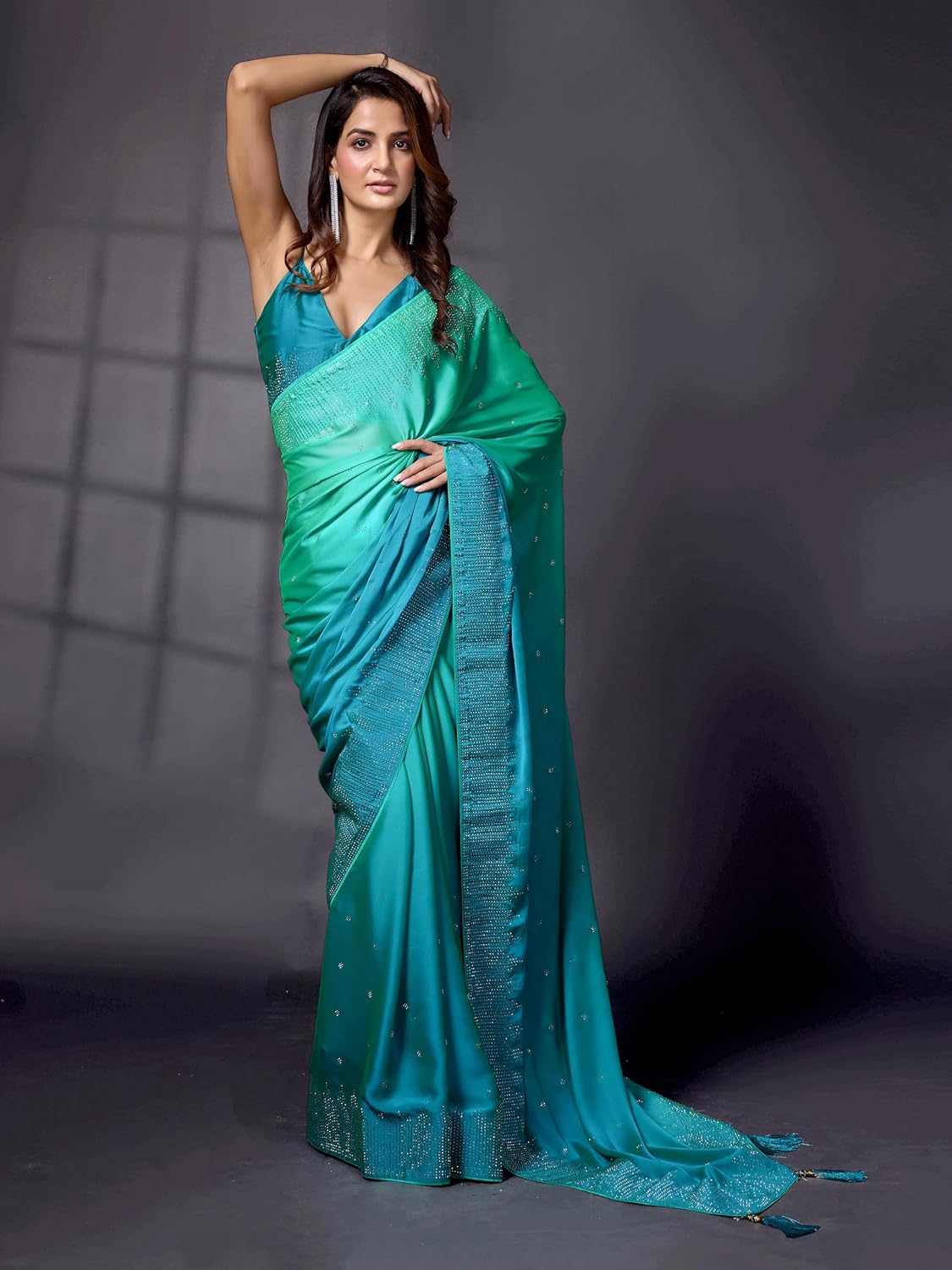 TRENDMALLS Women's Rangoli Silk Heavy Siroski Double Shade Saree with Unstitch Blouse Piece (K992-Skyblue)