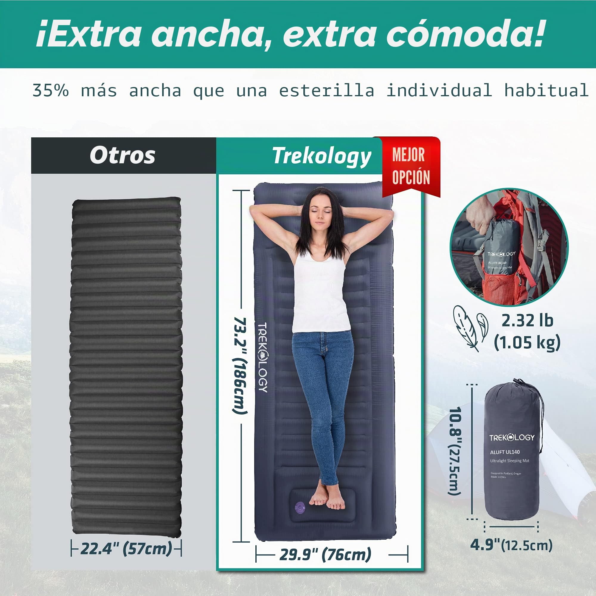 TREKOLOGY Esterilla de Camping autoinflable, colchoneta de Dormir para Dormir, colchón Inflable de Camping, colchón autoinflable, Ultraligero, colchoneta de Dormir Inflable, 186 cm x 76 cm x 12,5 cm