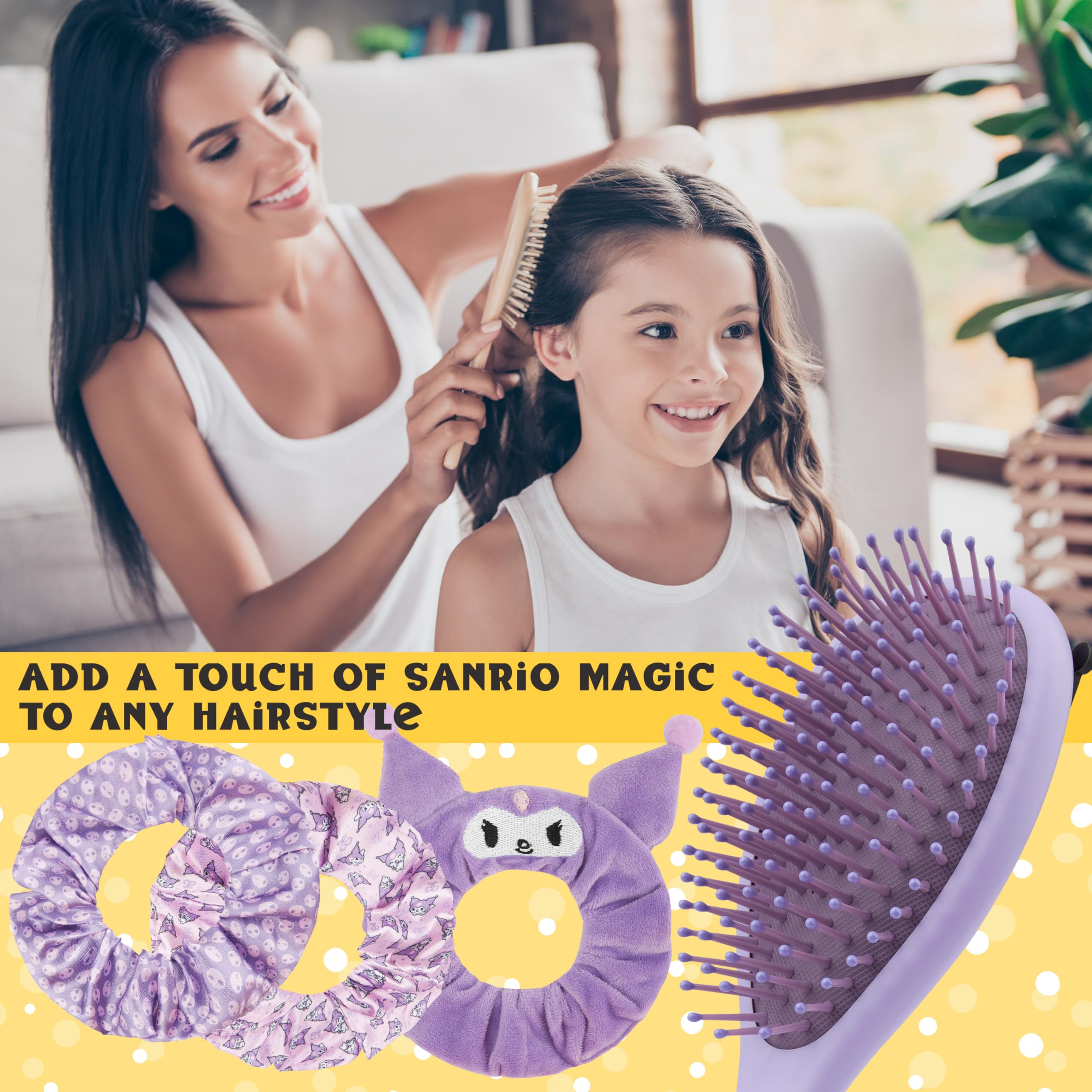Hello Kitty Sanrio Hair Brush & Scrunchies Set for Girls Teens Cinnamoroll Kuromi Kawaii Travel Paddle Brush Detangler - Image 2