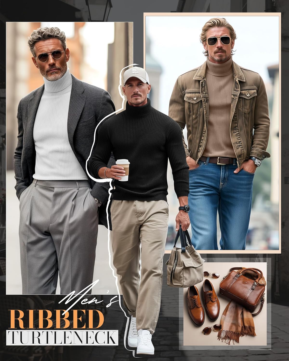 Locoowai 3 Pack Men's Ribbed Turtleneck Shirts, Long Sleeve Mock Neck Lightweight Pullover Sweaters Knit Base Layer Tee Tops