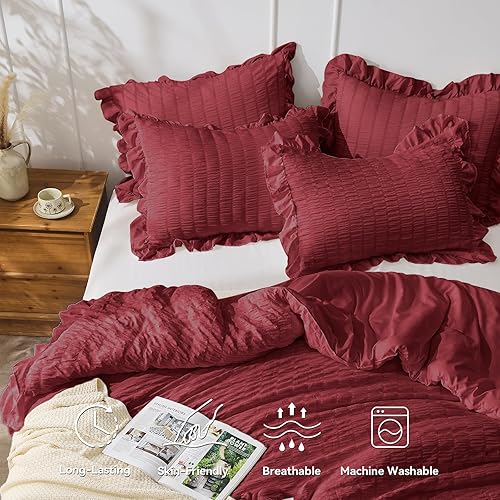 Miniatura 143 de JOLLYVOGUE - Juego de edredón tamaño queen, de 3 piezas, estilo seersucker, ligero y esponjoso para todas las estaciones, con 1 edredón con volantes