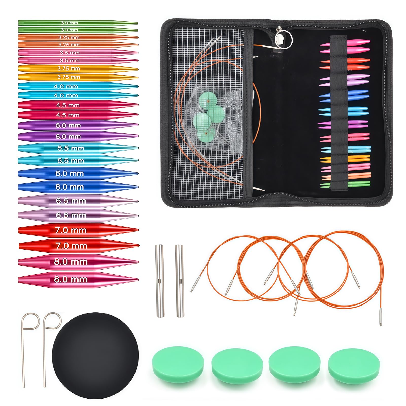 Tiiyee Juego de Agujas Circulares Intercambiables, 12 Pares de Agujas de Tejer de Aluminio 3-8 mm Agujas Circulare con 4 Cables Accesorios Kit de Aguja de Punto para Aficionados Principiantes Tejido