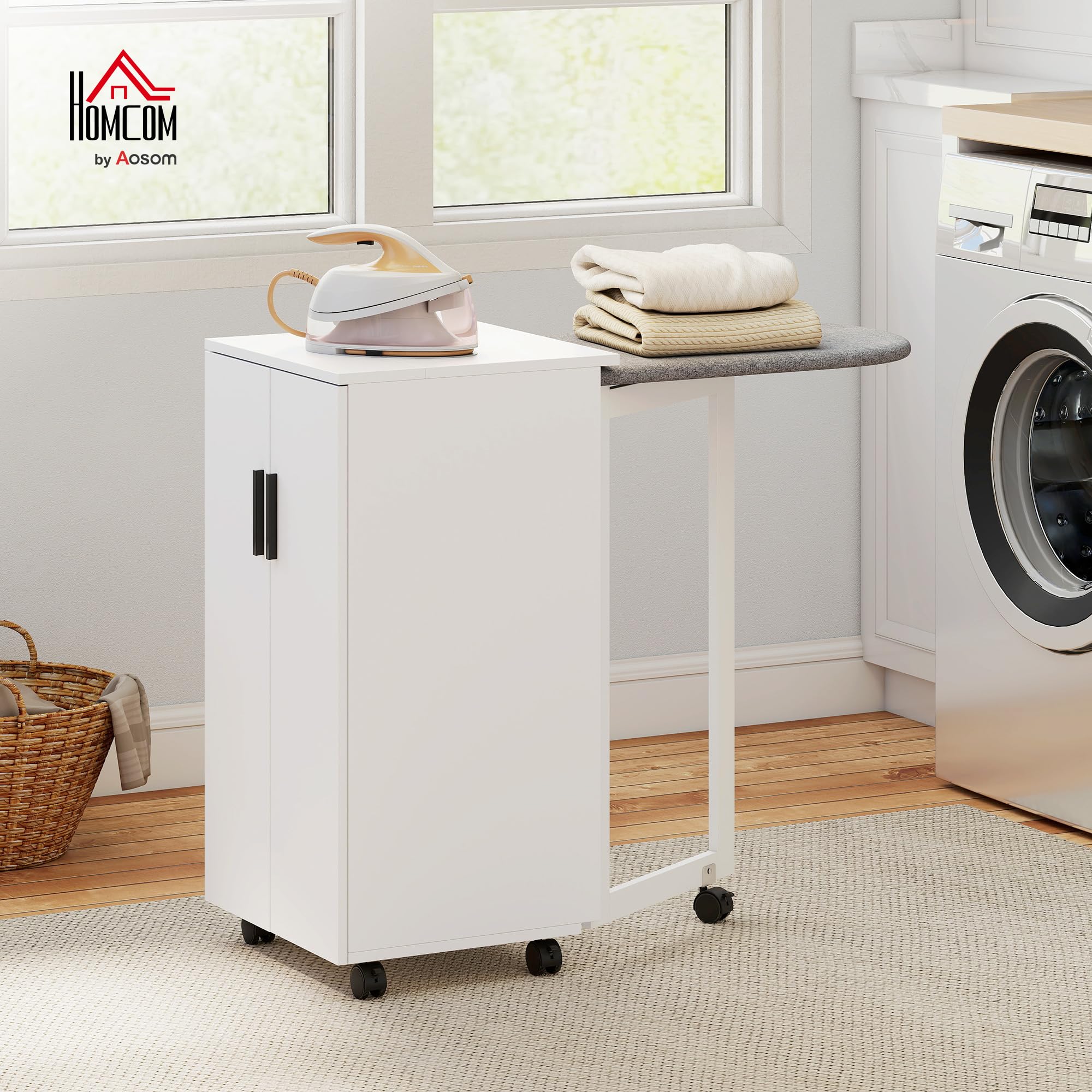 HOMCOM Armoire de table à repasser pliable avec 2 portes 99,5 x 43 x 83 cm Blanc | Étagères réglables, table à repasser pliante, roulettes, rangement, charnières à fermeture douce, pour buanderie