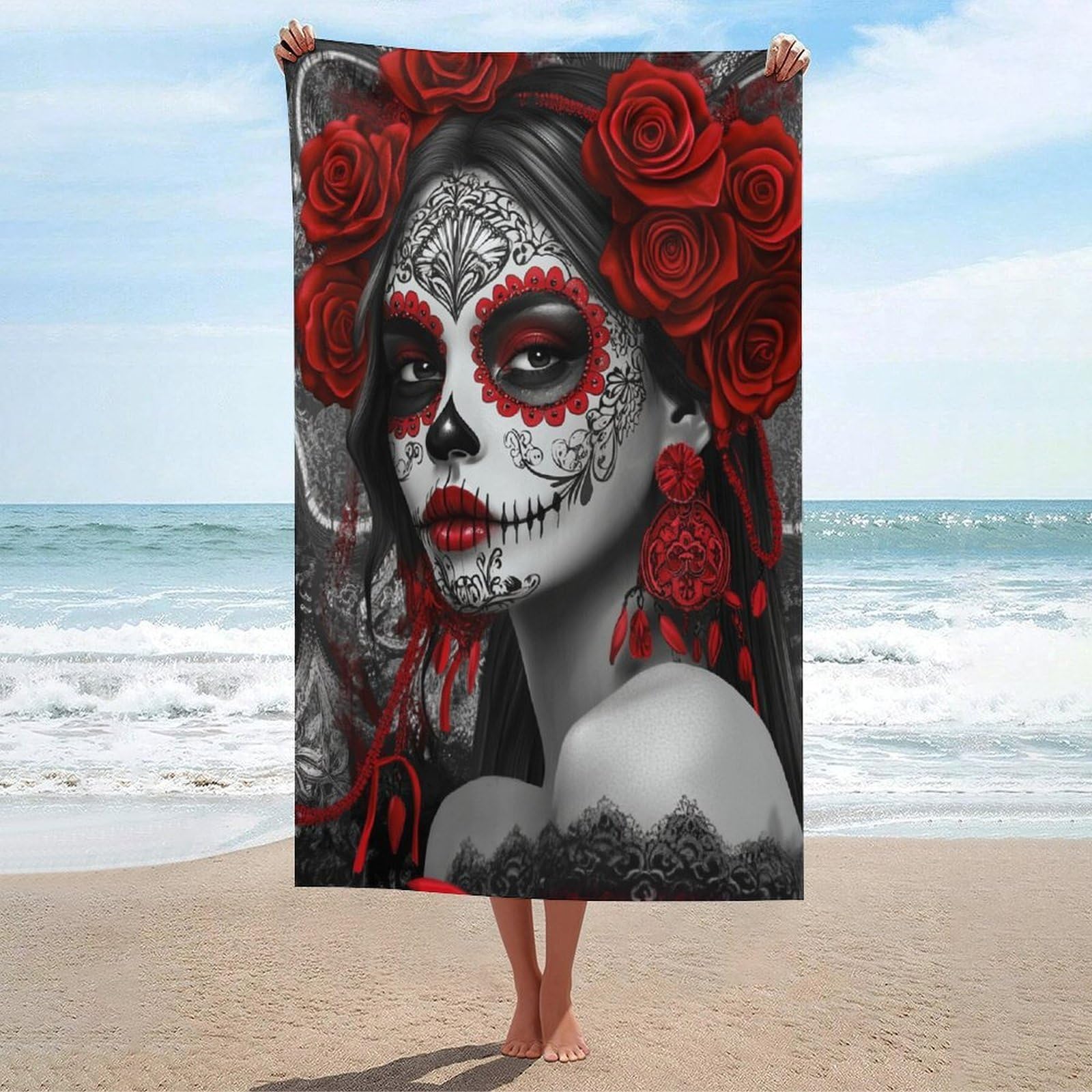 LSRCPD Traditional Skull Designs Woman Red Rose Beach Towel Sand Free Microfiber Large Shower Towels Multipurpose Absorbent for Bathroom Pool 130x80 CM