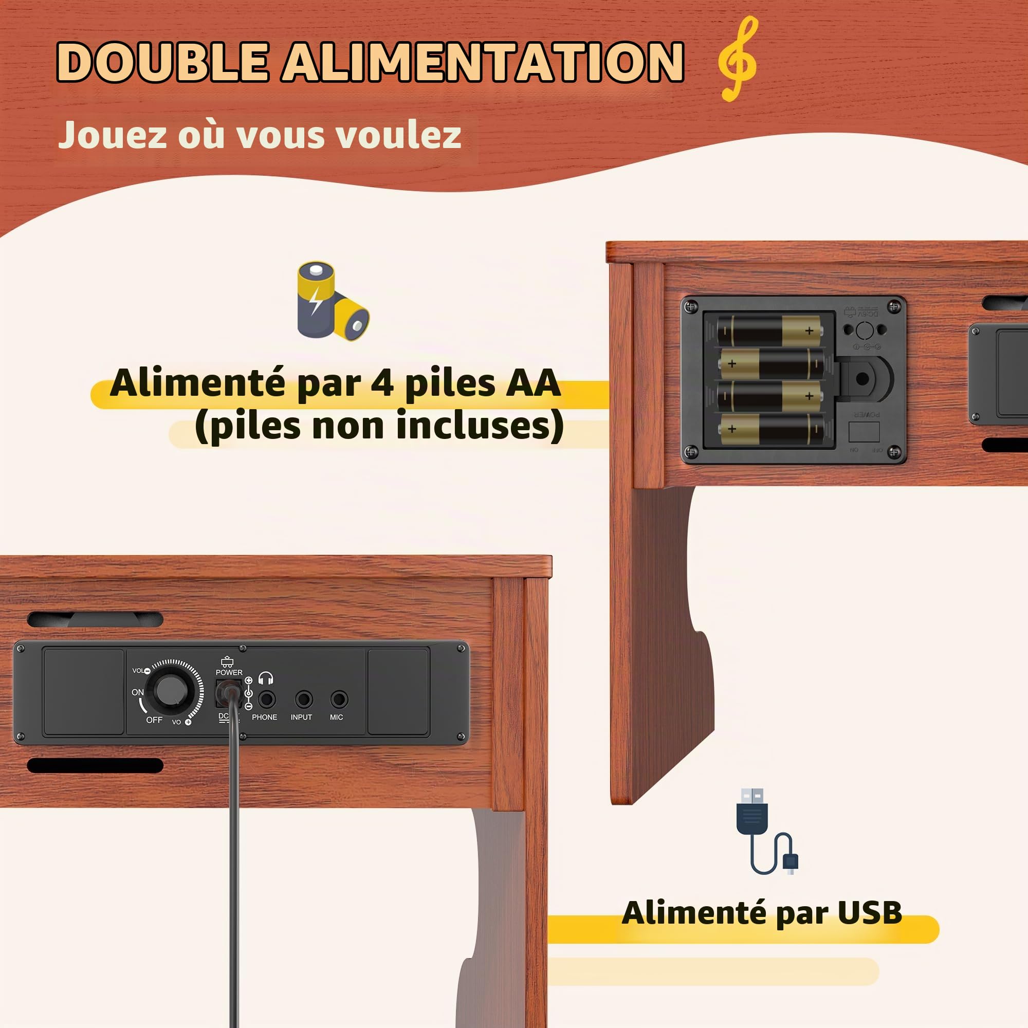 CAHAYA Piano Enfant Bois, Piano Numérique 25 Touches, dès 3 Ans | 2-en-1 bureau ou sur pieds, USB ou piles, prise micro, cadeau anniversaire Noël