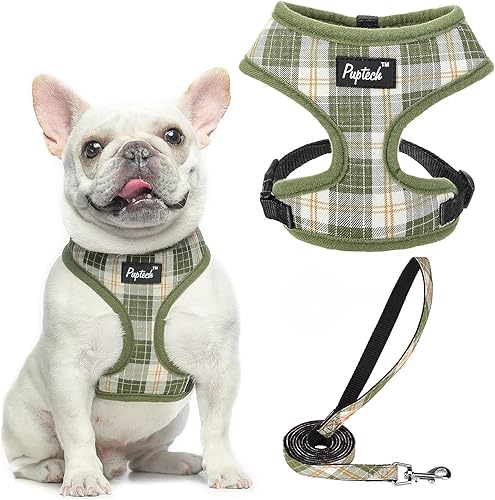 PUPTECK Juego de arnés y correa de malla suave para perro, cachorro y gato, cómodo chaleco acolchado sin tirones, verde oliva, S