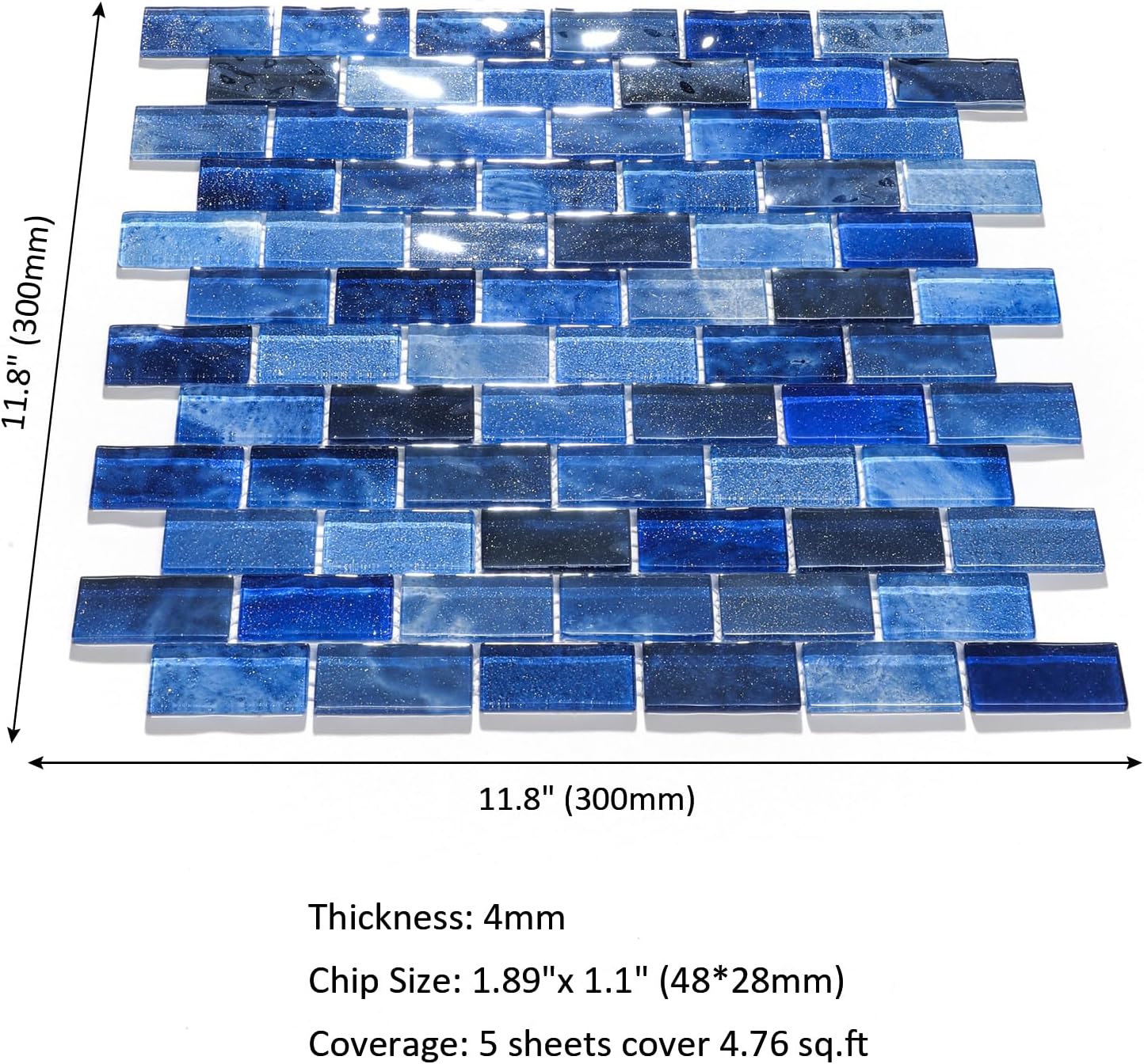 Glass Backsplash Linear Mosaic Wall Tiles, 5-Sheet Glass Tiles for Kitchen Bathroom Swimming Pool Shower Tiles (Dark Blue, 4.8 SQ.FT)