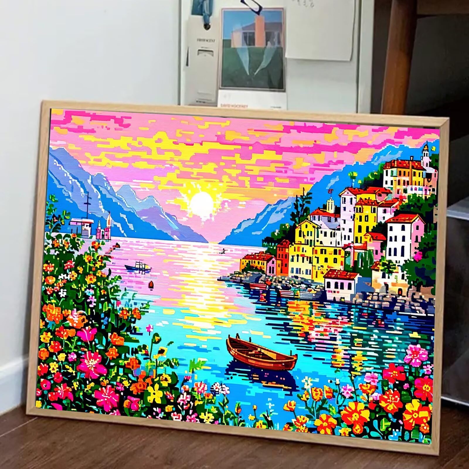 Dipingere Con i Numeri Adulti Mare Dipingere con i Numeri con Telaio 50x60 cm,Piccola città Paint by Numbers con Vernici e Pennelli,Kit di Pittura a Olio Fai-da-Te per Decorazioni Casa Regalo,kk-901