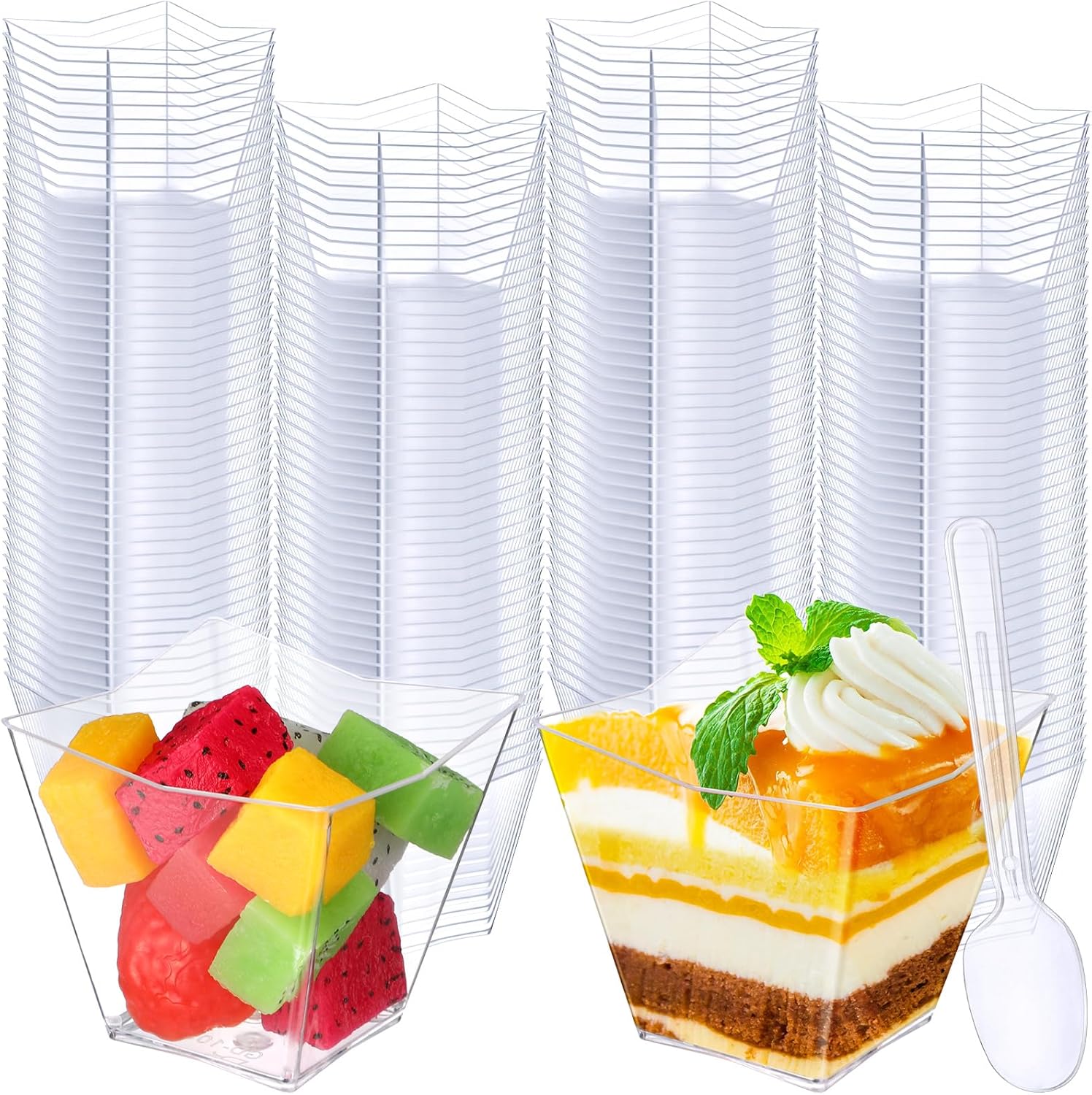Suclain 200 x 2.7 oz Mini Dessert Cups with Spoons, Square Clear Plastic Disposable Parfait Appetizer Cups, Small Serving Bowls for Tasting Party Pudding Trifle Mousse Ice Cream(Curved Edge)