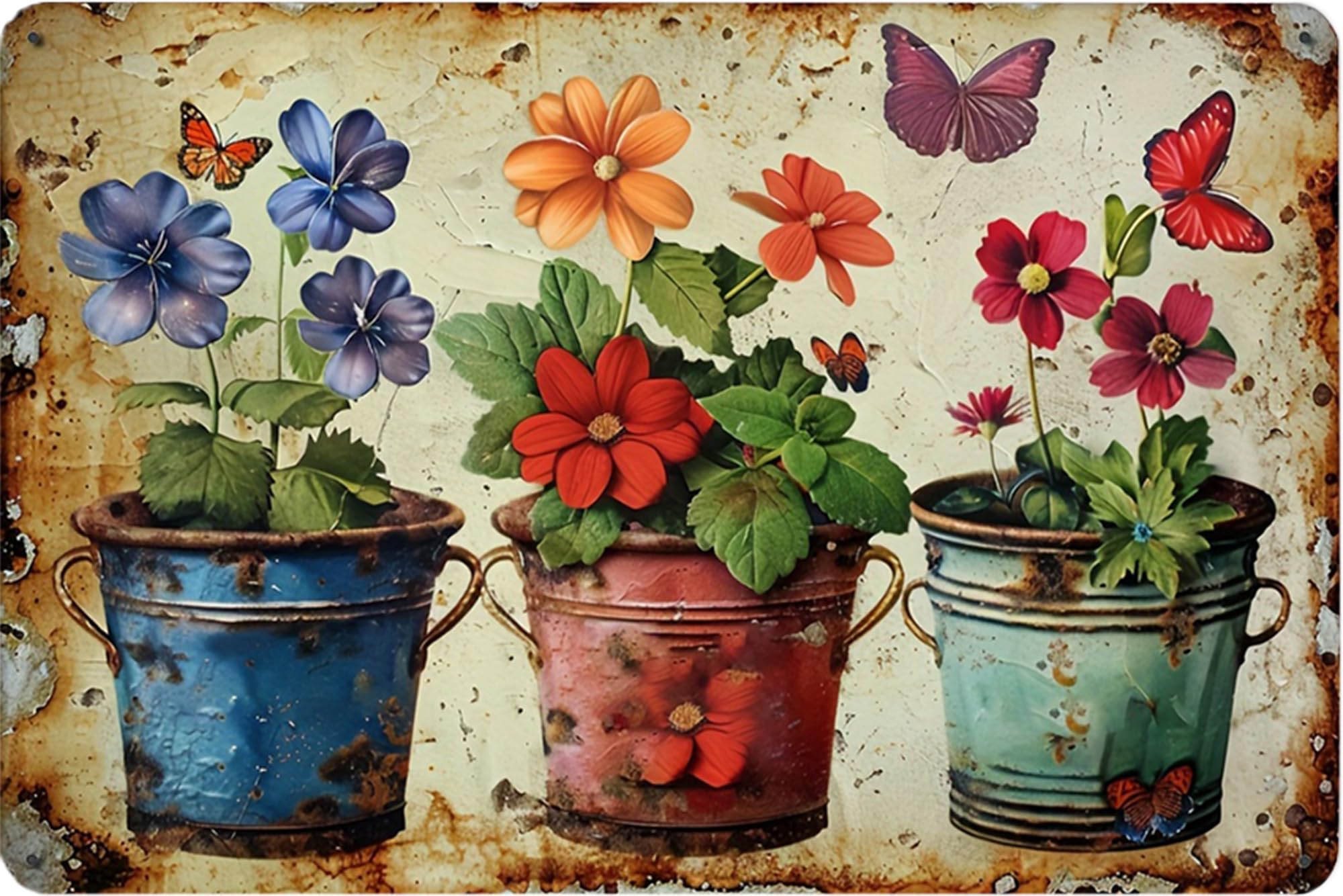 Retro Flower Metal Sign,Vintage Garden Tin Sign,for Home Greenhouse Yard Outdoor Cottage Bedroom Decor,Gardening Gifts 8X12 Inch (Vintage Pots with Colorful Blooms)