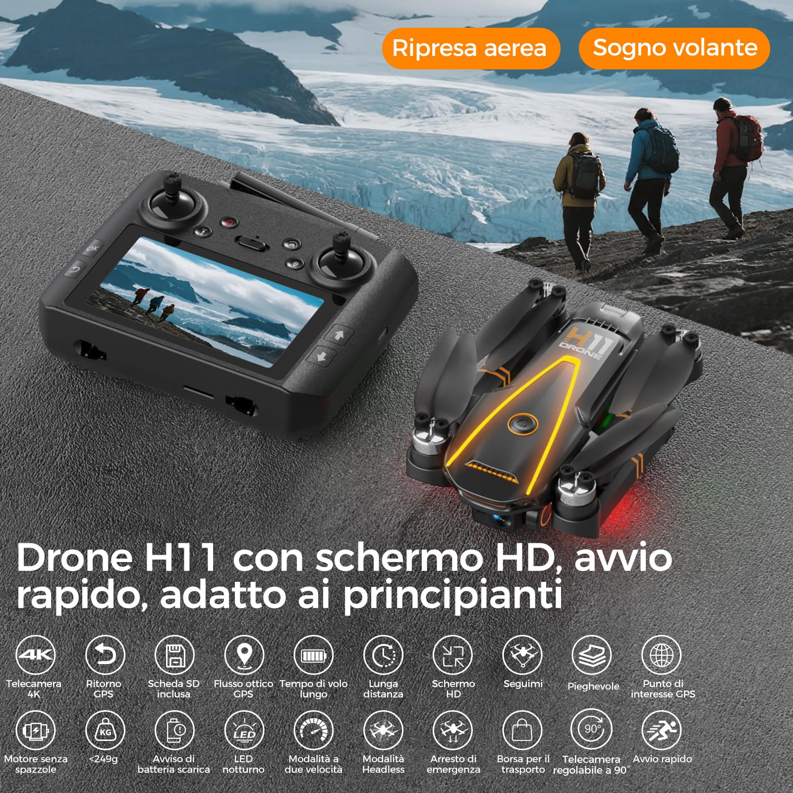 GPS Mini Drone con Telecamera 4k Professionale per Bambini Principianti,Drone FPV con Schermo HD da 4,5" adulti,2 Batterie, con Funzioni di Seguimento,Trasmissione in Remoto e Ritorno Automatico,C0